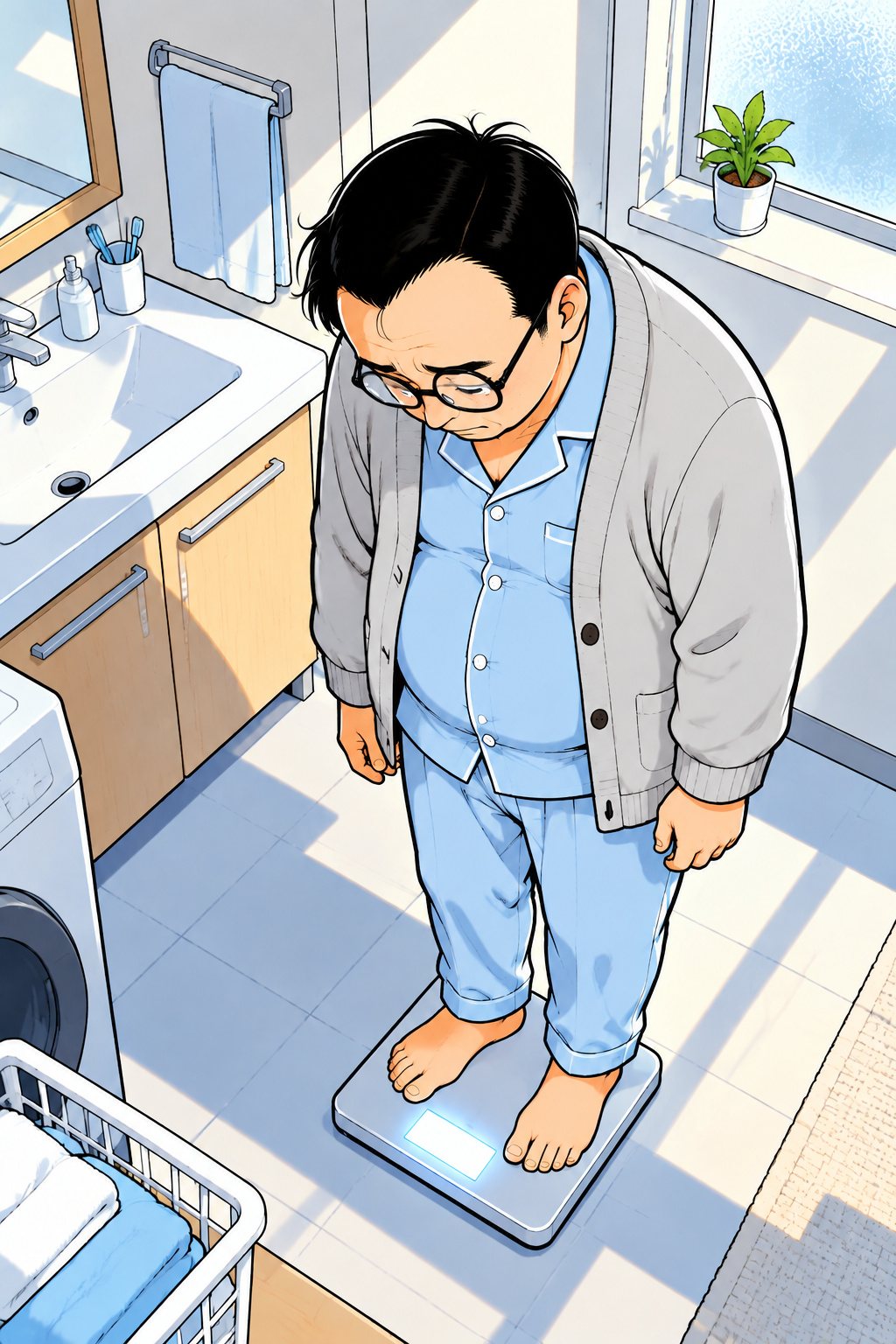 朝の洗面所の体重計の上で、肩を落としてうなだれる中年の男性。パジャマにカーディガン。表示は光だけで字は無い。
