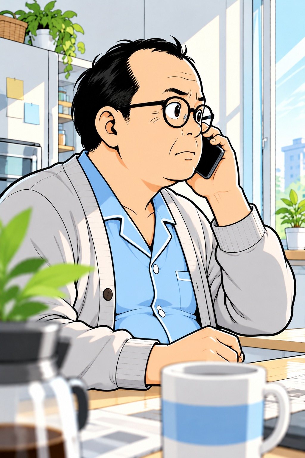 朝の台所のテーブルで、スマートフォンを耳に当てて背筋をのばす中年の男性。窓の外は白い朝の光。テーブルにマグカップ。