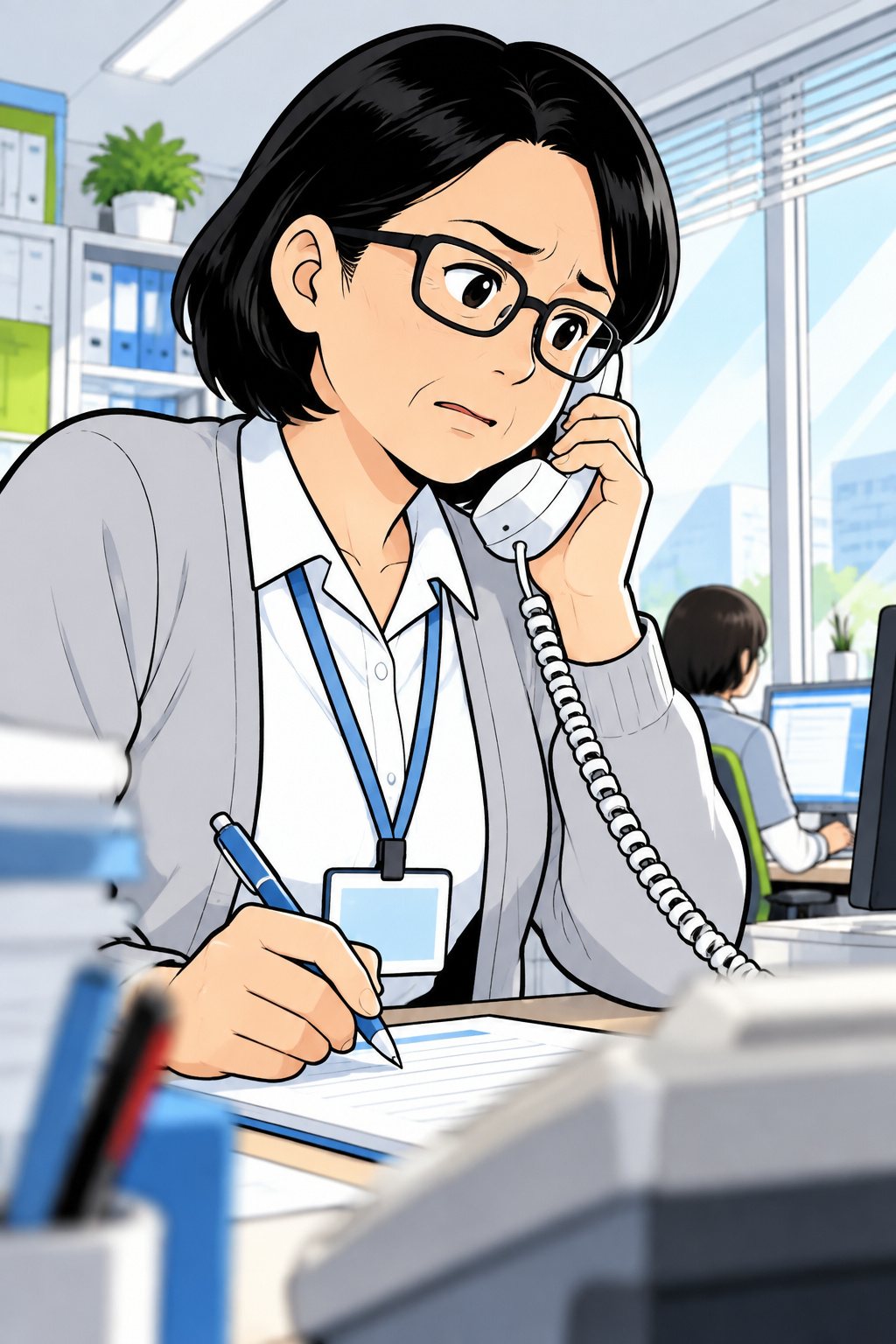 健康保険組合の小さな事務所の机で、電話の受話器を耳に当て、手元のメモにペンを止めて考える保健師。黒いボブに四角い眼鏡、灰色のカーディガン。朝の白い光。