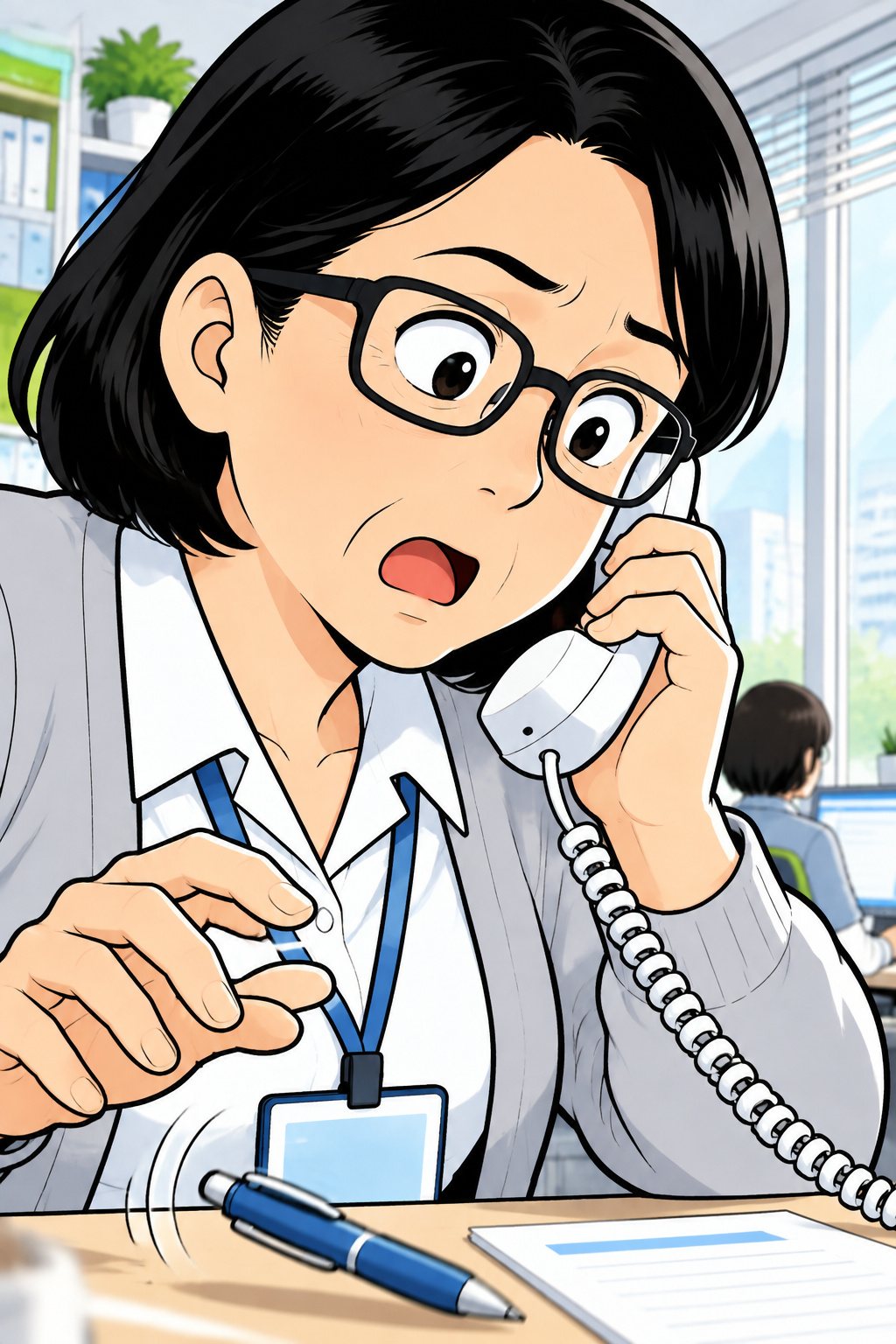 電話の受話器を耳に当てたまま、眼鏡の奥の目を見開いて手を止める保健師の寄り。ペンが机に転がる。