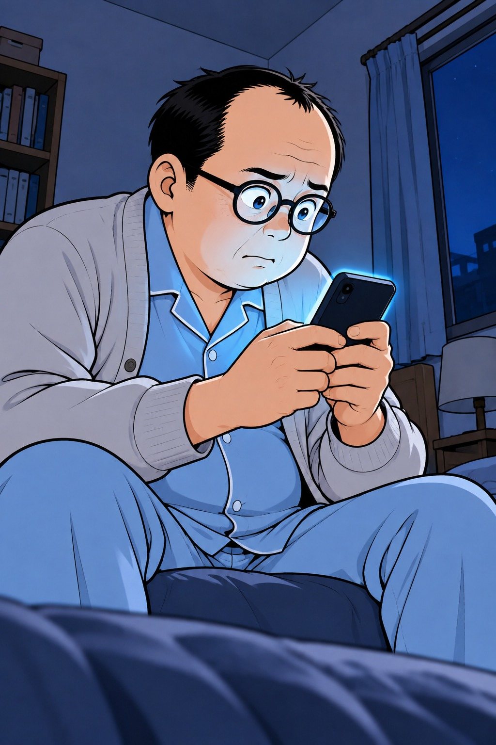 夜の自分の部屋で、ベッドに座り、スマートフォンの予約の確かめの画面を見つめる中年の男性。画面の光が顔を青白く照らす。画面は光と枠だけで字は無い。