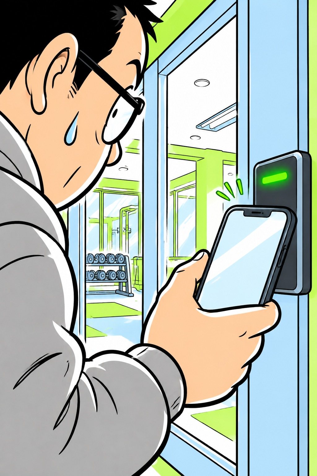 入口の扉の横の読み取り機に、スマートフォンの画面をかざす男性の手元を肩越しに。こめかみに汗。読み取り機の光が緑になる。