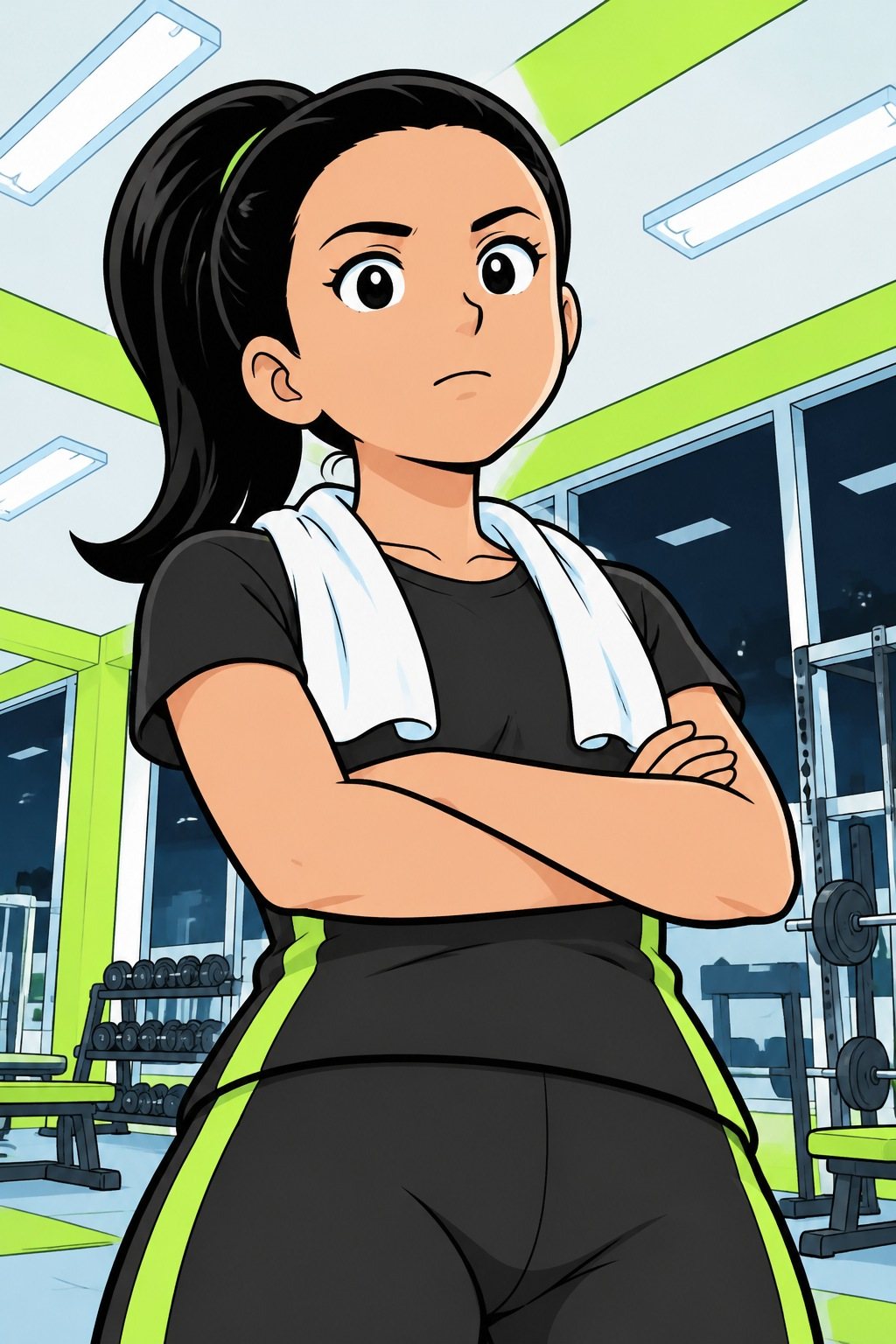 少し下から見上げた、腕を組んでまっすぐこちらを見る若い女性のトレーナーの寄り。笑っていない。