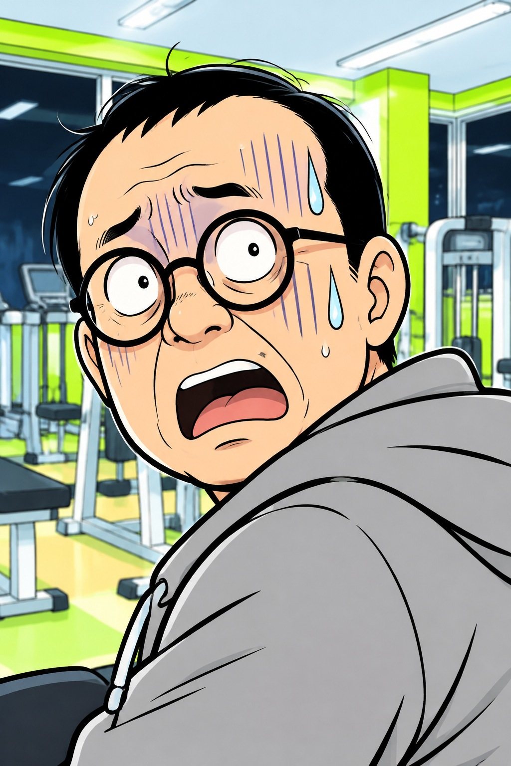 後ろ向きのマシンに座ったまま、口を開けて固まる中年の男性の寄り。顔に縦の線、汗のしずく。