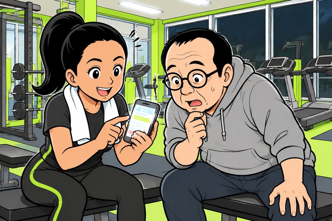 ベンチに並んで座り、若い女性のトレーナーが中年の男性にスマートフォンの画面を見せる。画面は光と色の帯だけで字は無い。男性は身を乗り出す。