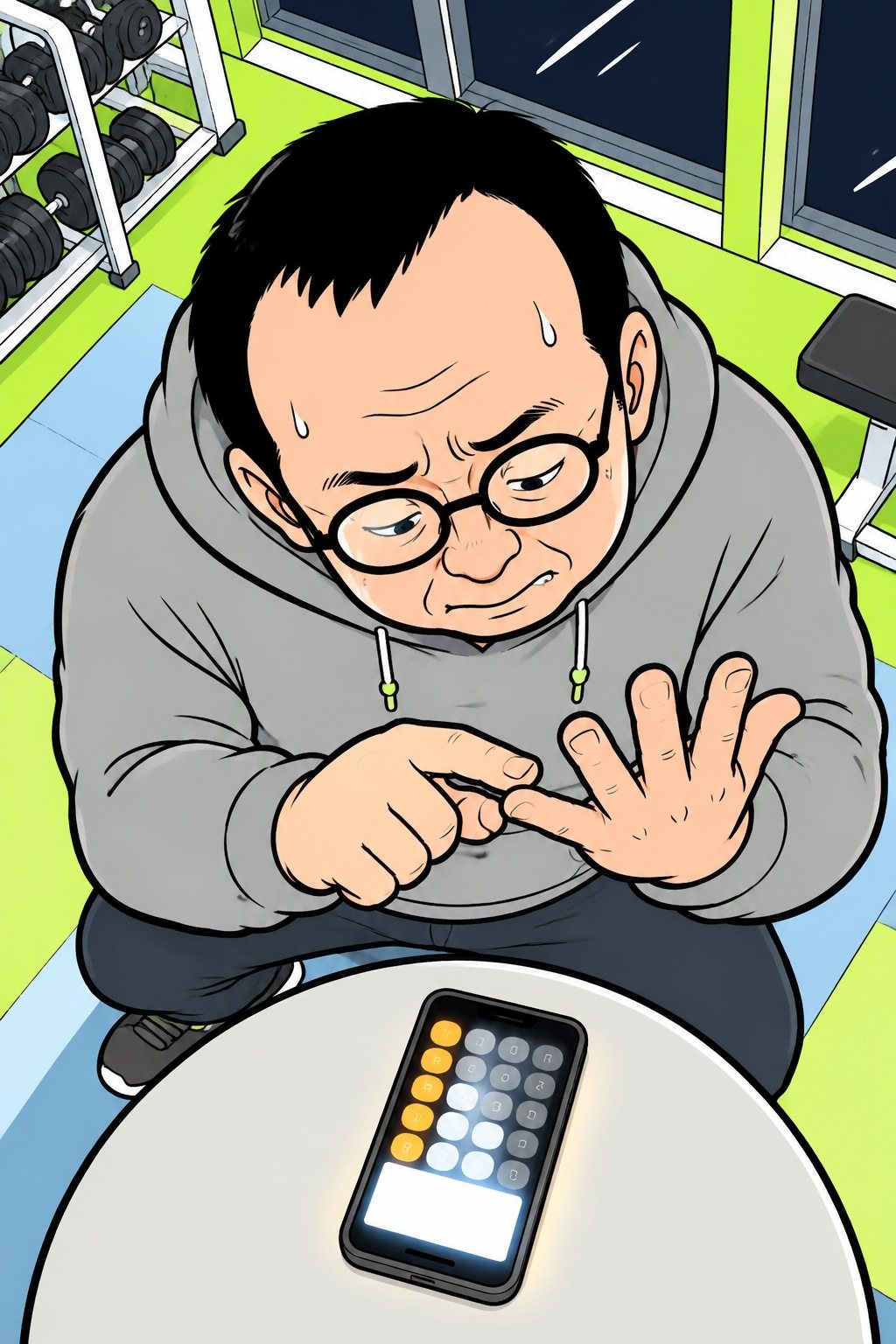 真上から宍戸。指を折って分を数える。手前の丸い台に、スマホの電卓の光(字は読めない)。