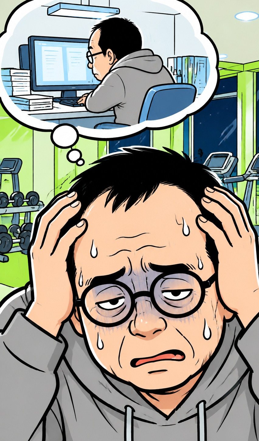 青ざめて頭を抱える中年の男性の寄り。頭の上に、会社の机と椅子に座りっぱなしの自分の小さな想像の絵。
