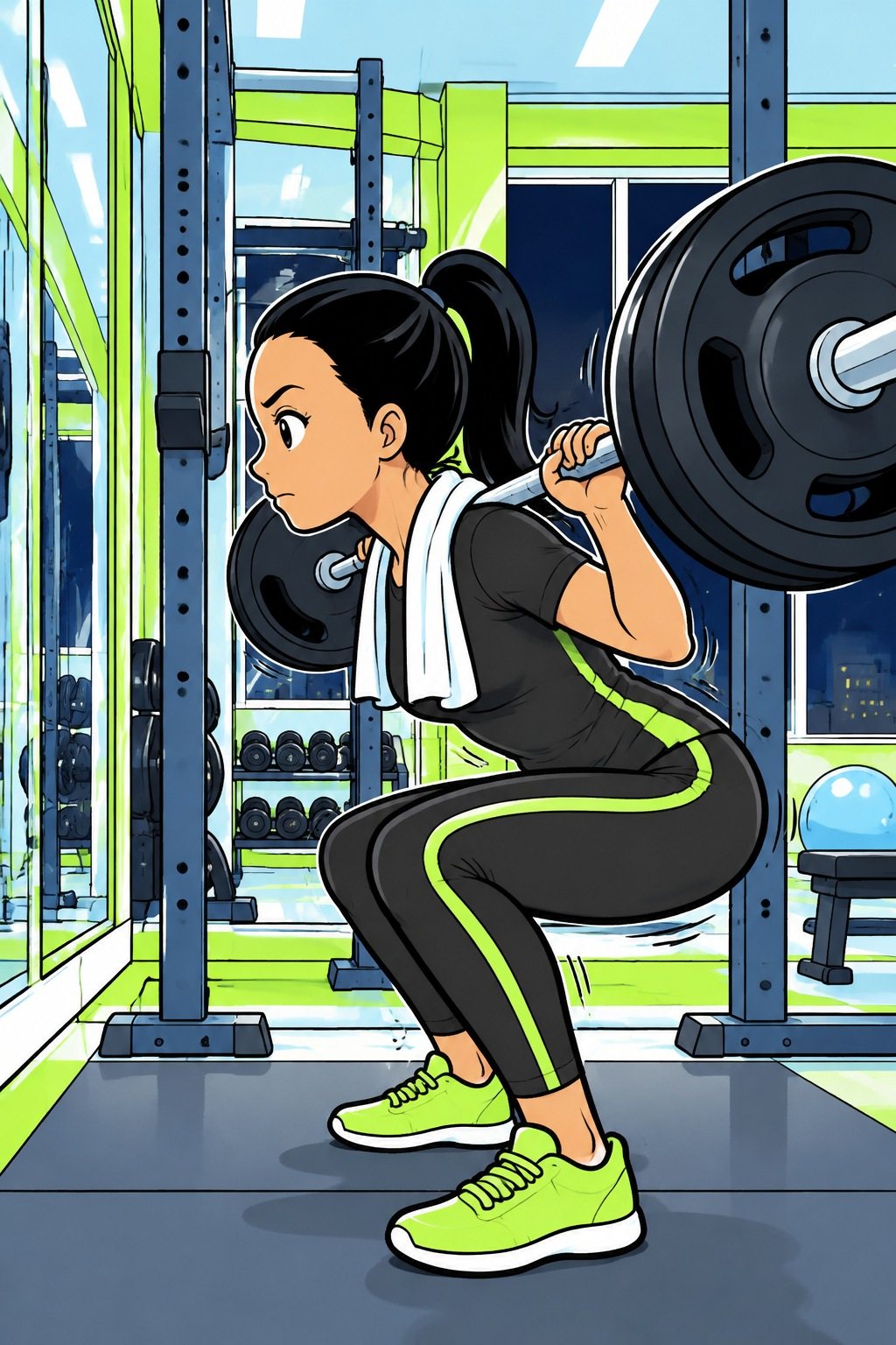 奥の鏡の前で、重いバーベルを担いでしゃがむ若い女性のトレーナー。真剣な横顔。