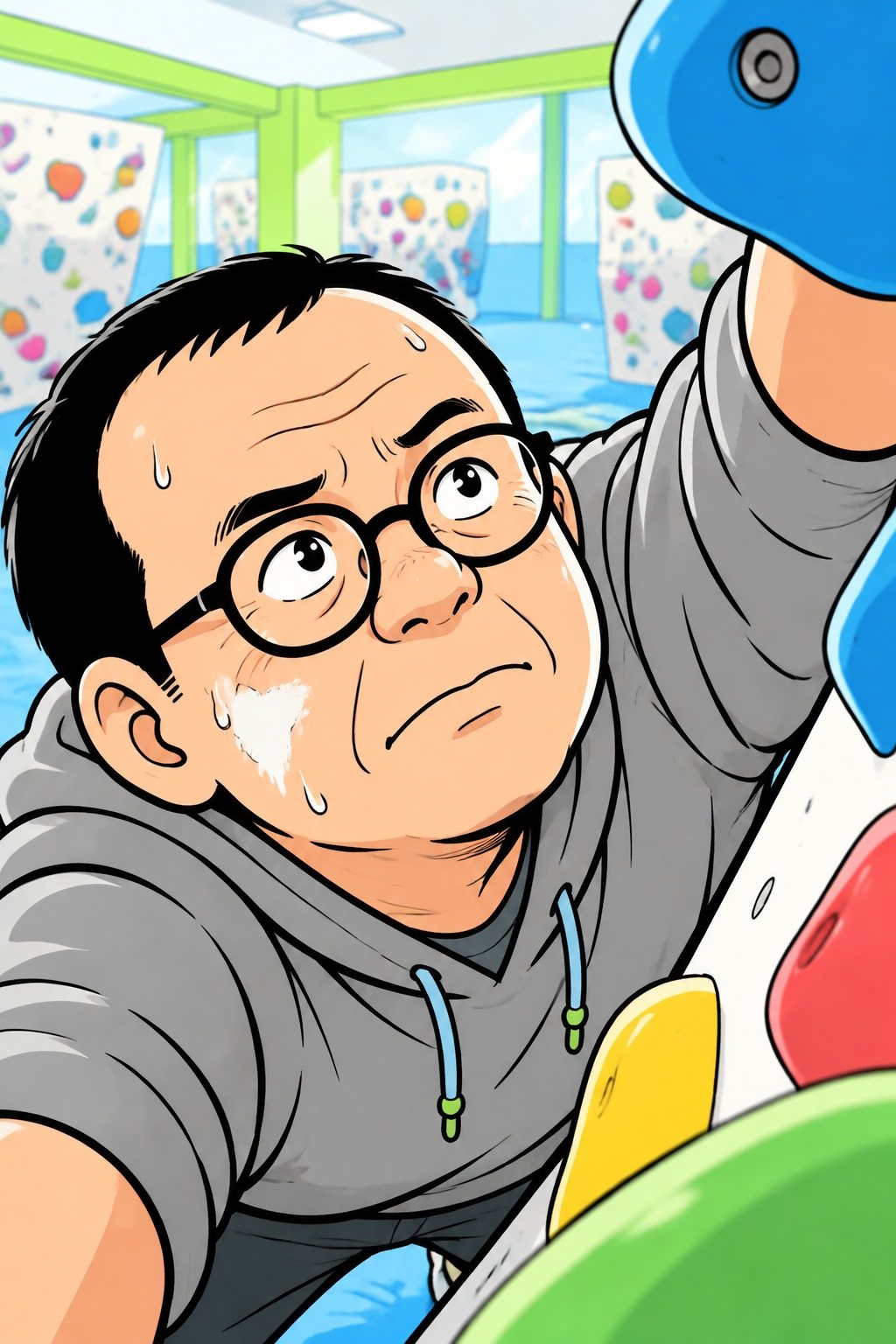 壁の途中で、次の石を見上げる中年の男性の顔の寄り。ほおにチョークの白い跡、真剣な目。