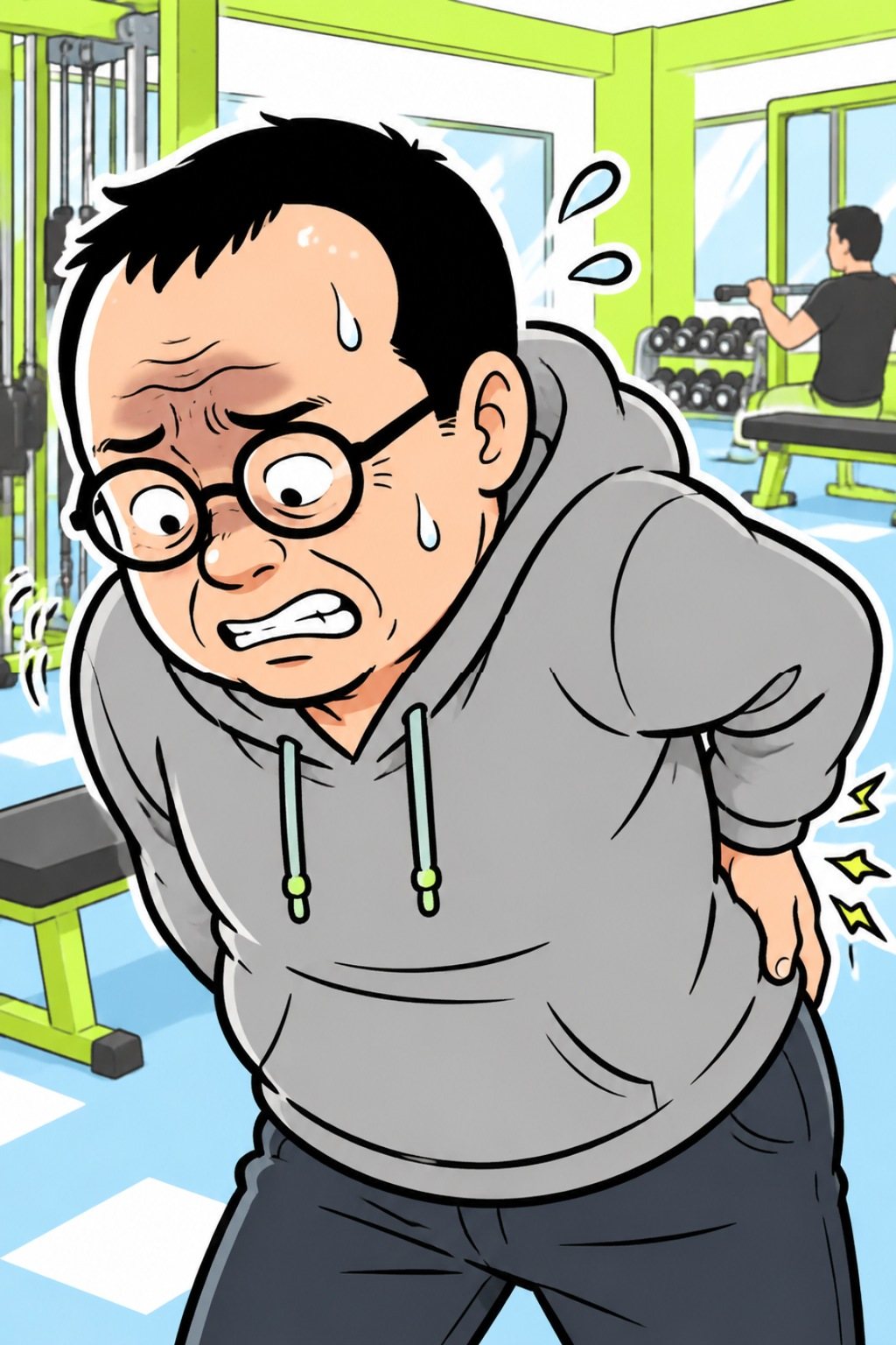 宍戸の顔の寄り。腰に手を当て、脂汗を浮かべて歯を食いしばる。