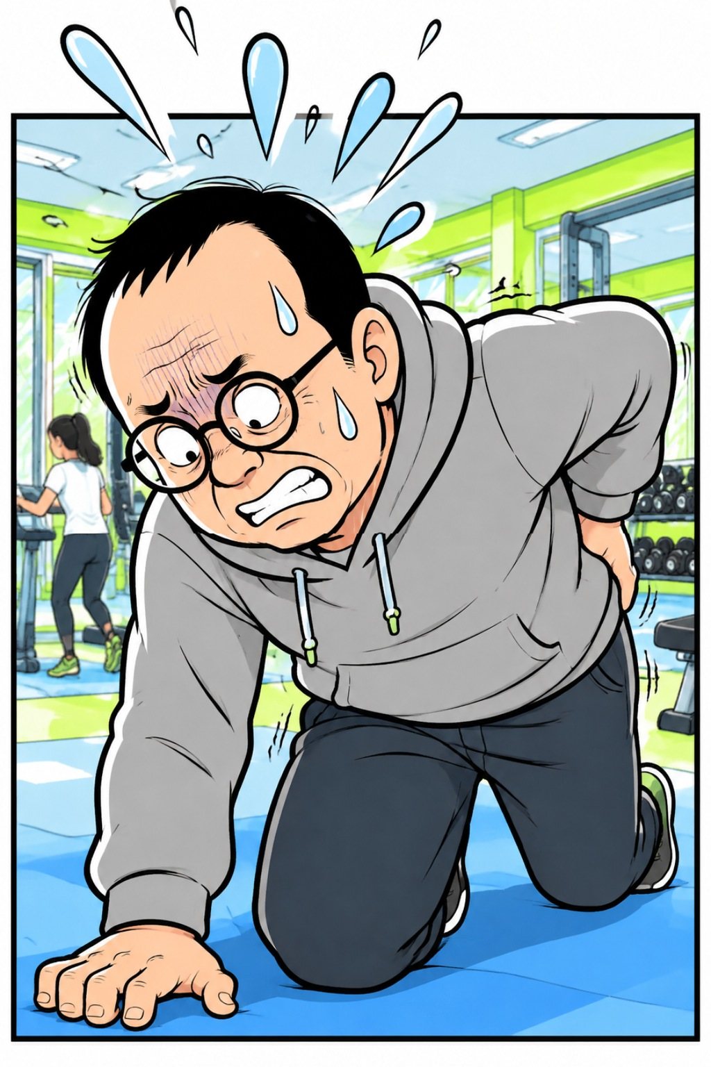 マットにひざをついて起き上がろうとする中年の男性の顔の寄り。汗のしずく、眼鏡が少しずれ、歯を食いしばっている。片手は腰。