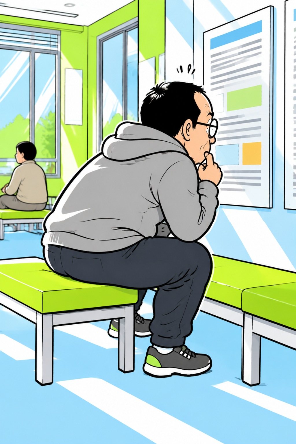 小さな整骨院の待合。長いすに腰を曲げたまま浅く座る中年の男性が、あごに手を当て、壁の貼り紙に顔を近づけて読んでいる。奥の長いすに別の患者。貼り紙は線と色の四角だけで字は無い。白い昼の光。