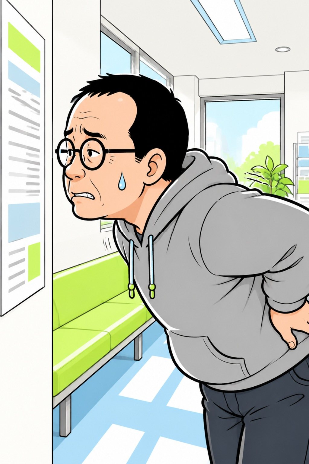 宍戸の横顔の寄り。腰をかばいながら、貼り紙に顔を近づけて読む。