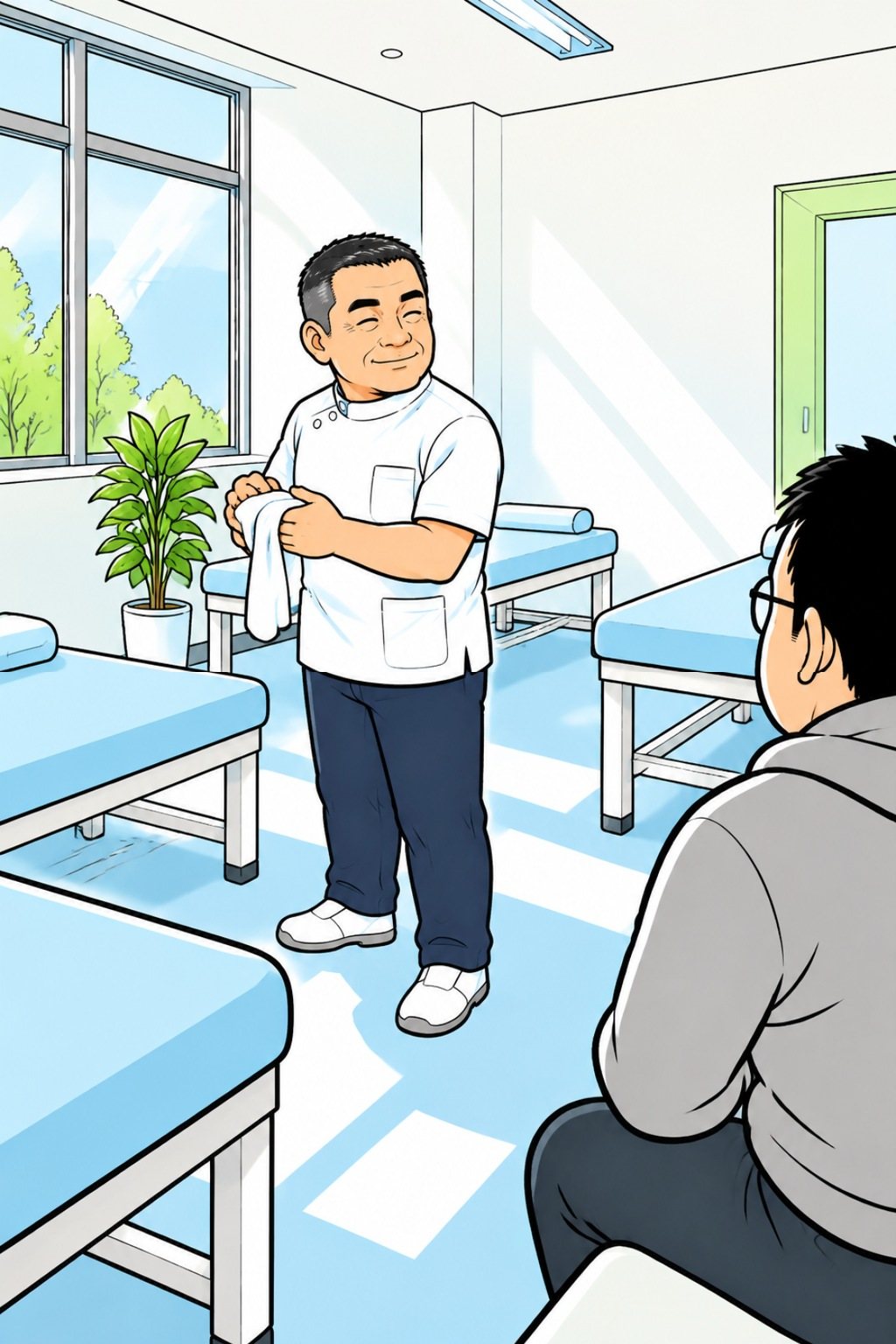 引きで、場所ごと。施術の台の並ぶ部屋の奥で、白い上着の整骨院の男性がタオルで手を拭きながら笑う。手前の右に、宍戸の背中。