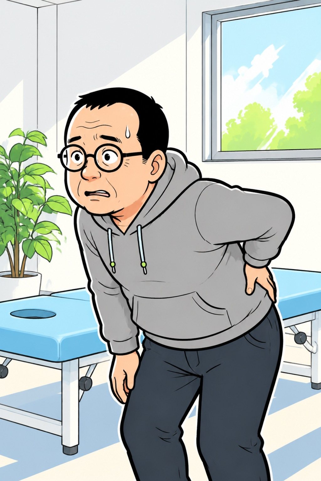 引きで、場所ごと。宍戸の胸から上。腰に手を当てたまま、背を丸めて話す。