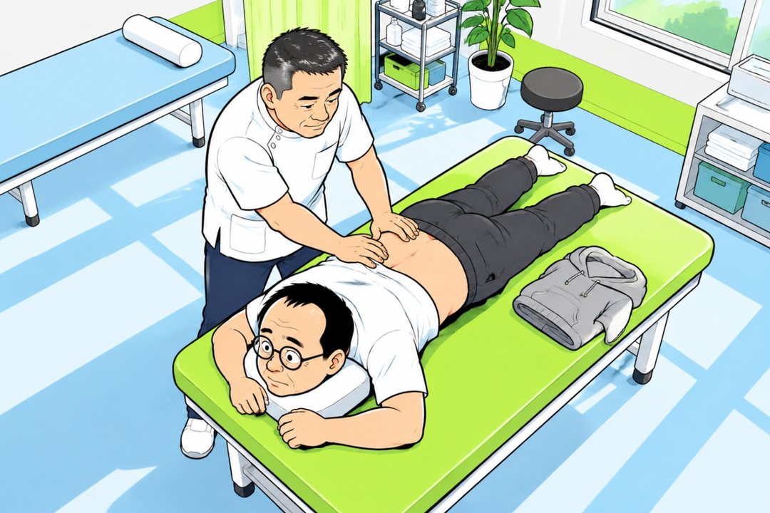 斜め上から見た施術室。うつぶせの中年の男性の腰に、白い施術着の男性が両手をそっと当てて確かめている。台の横に、たたんだ灰色のパーカー。