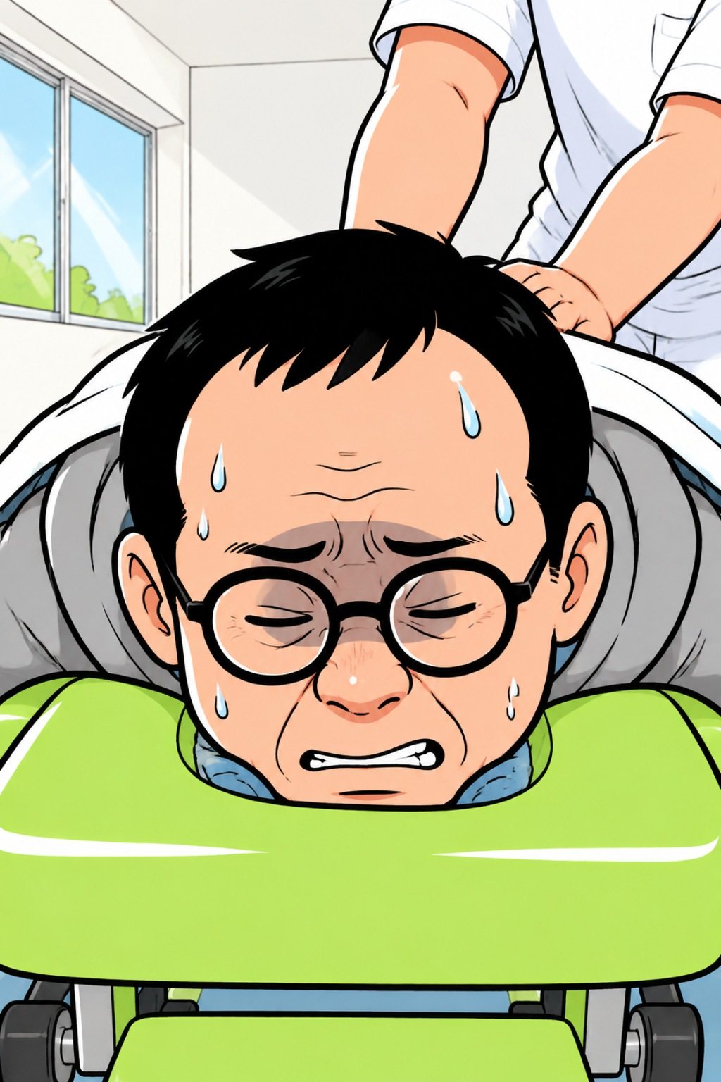 うつぶせの男性の顔の寄り。台の穴から見える、ぎゅっとつぶった目と汗。