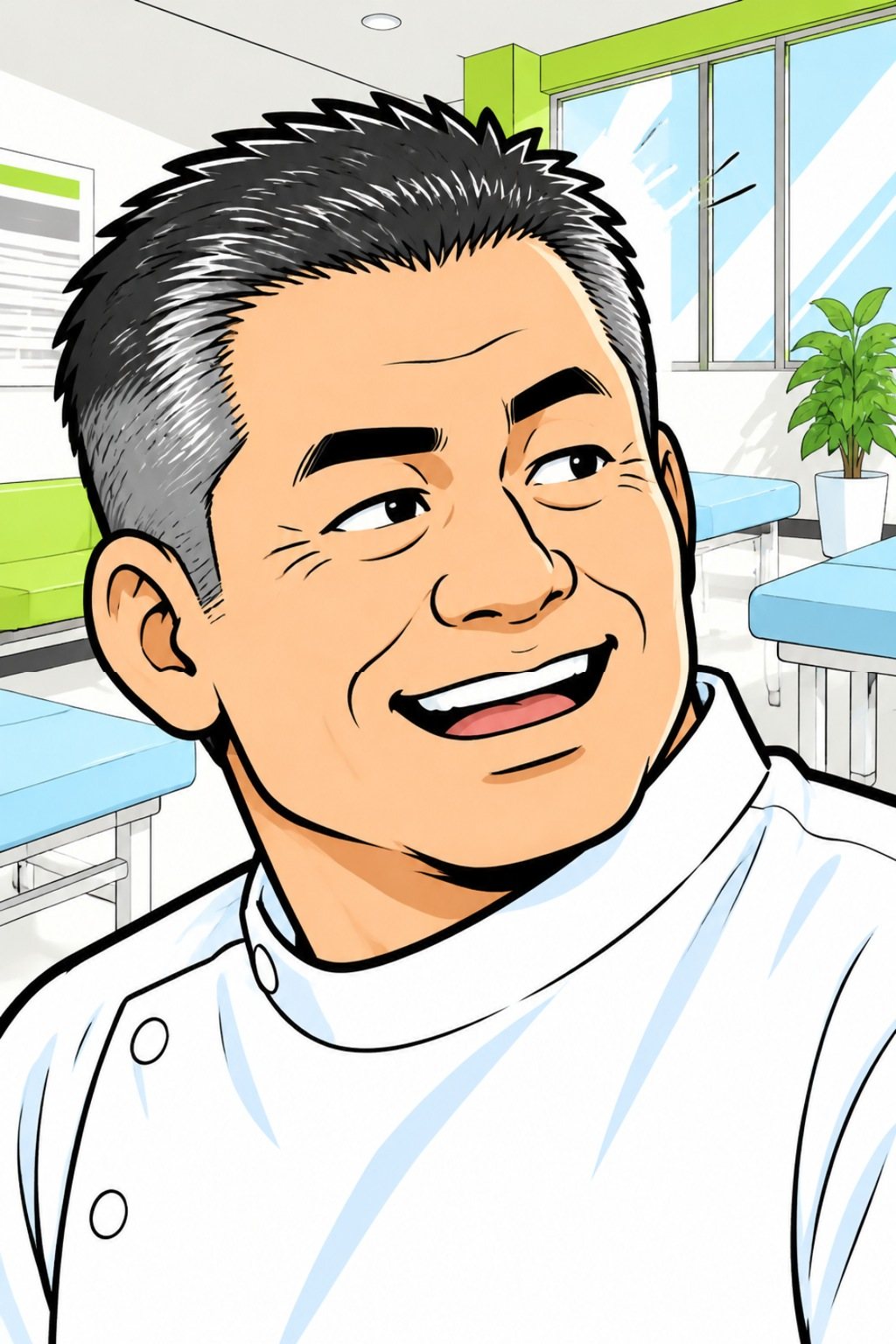 男性の顔の寄り。少し驚いて、口を開けて笑う。