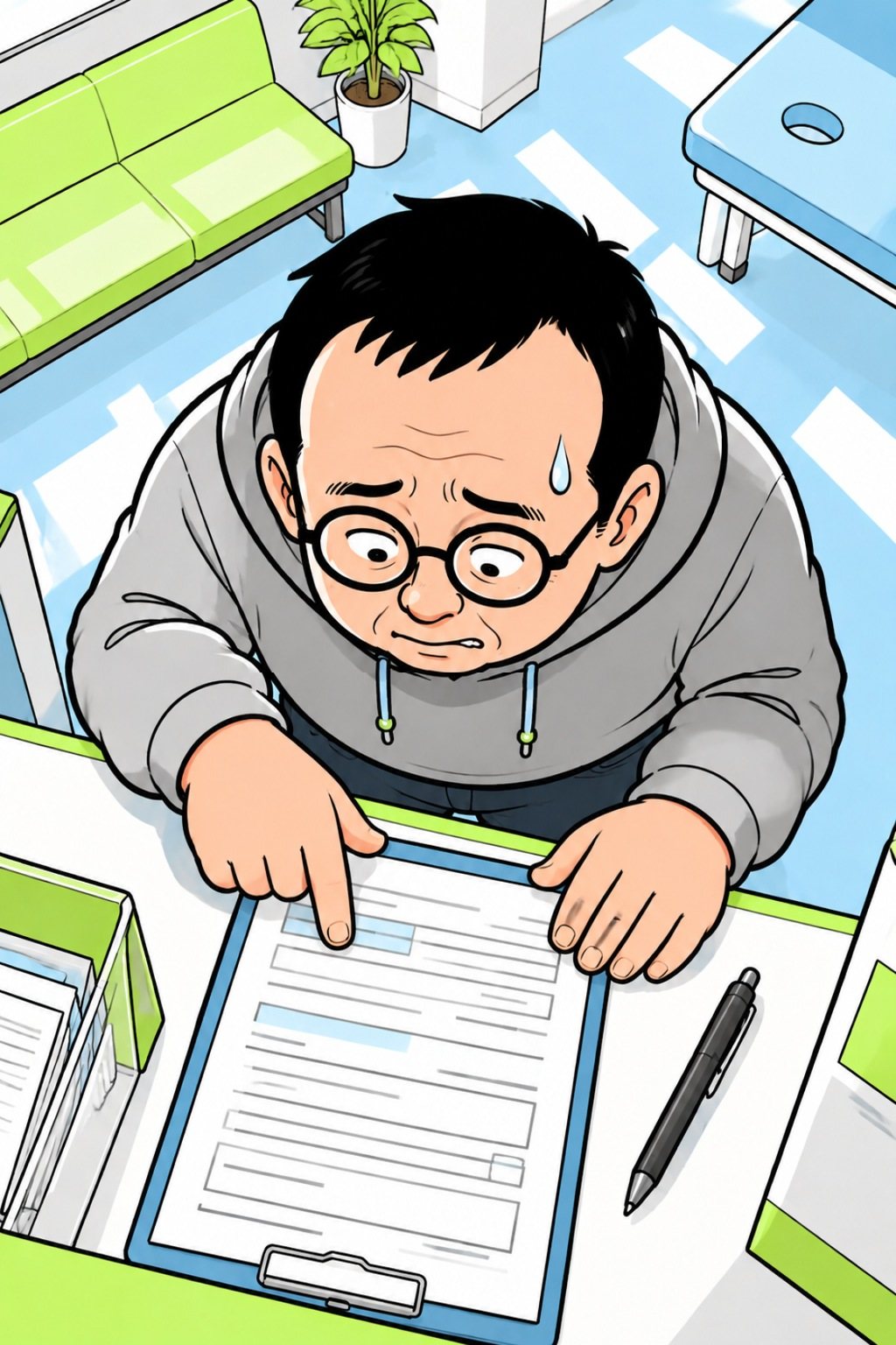 上から見た受付の台。宍戸が身をかがめ、申請書（字は読めない）の行を指で1つずつなぞる。ペンは横に置いたまま。
