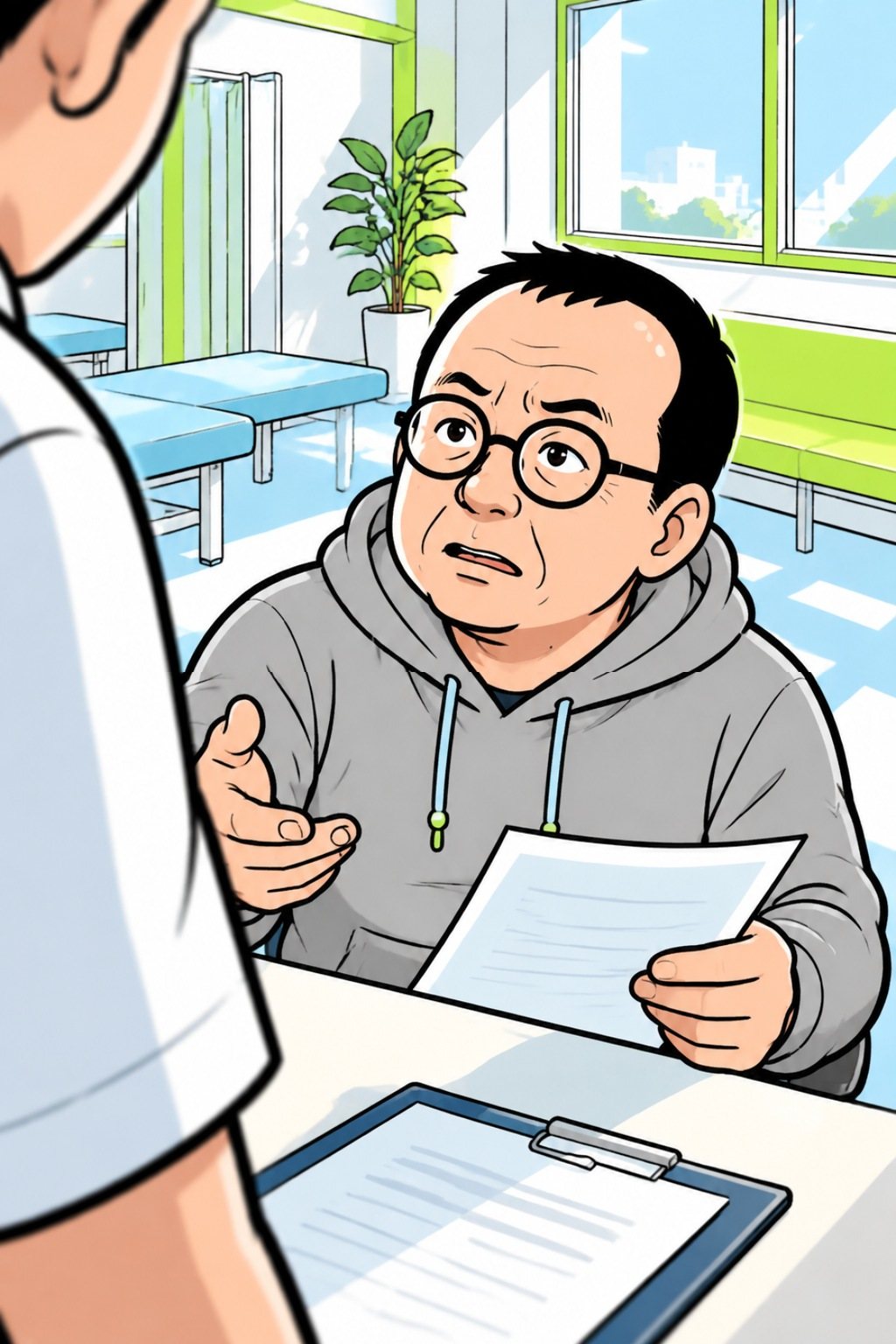 宍戸を机の高さから。申請書を手に顔を上げ、まじめな目で聞く。手前に白い施術着の肩。