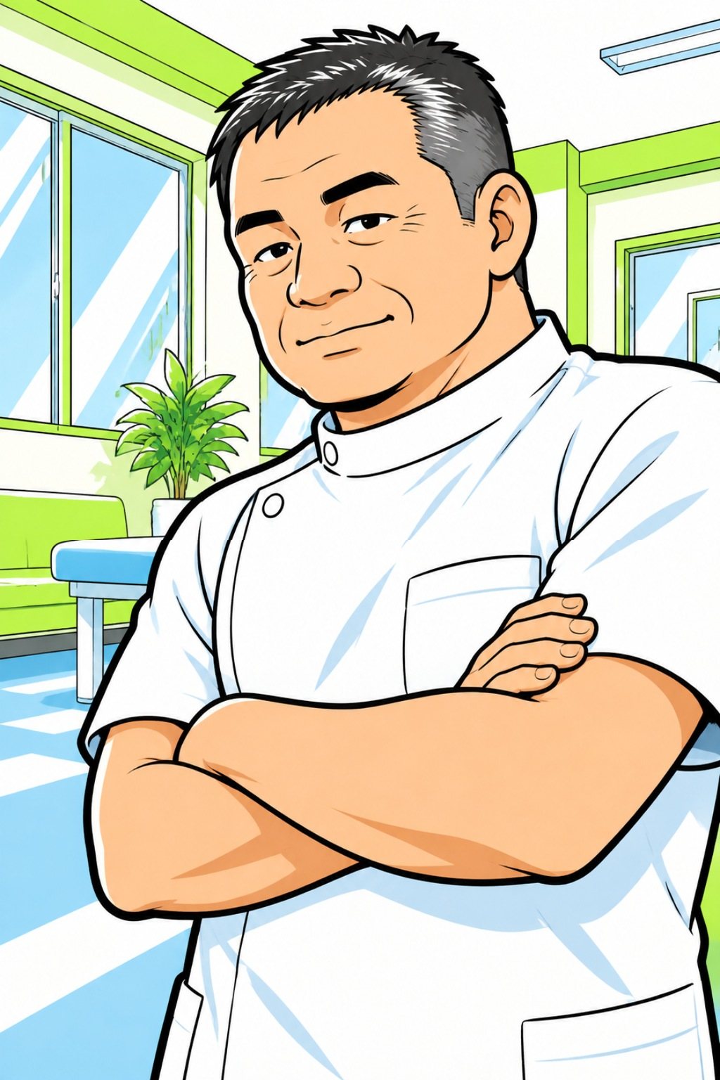 少し下から見た、白い施術着の男性の寄り。腕を組み、少し困ったように口元だけで笑う。