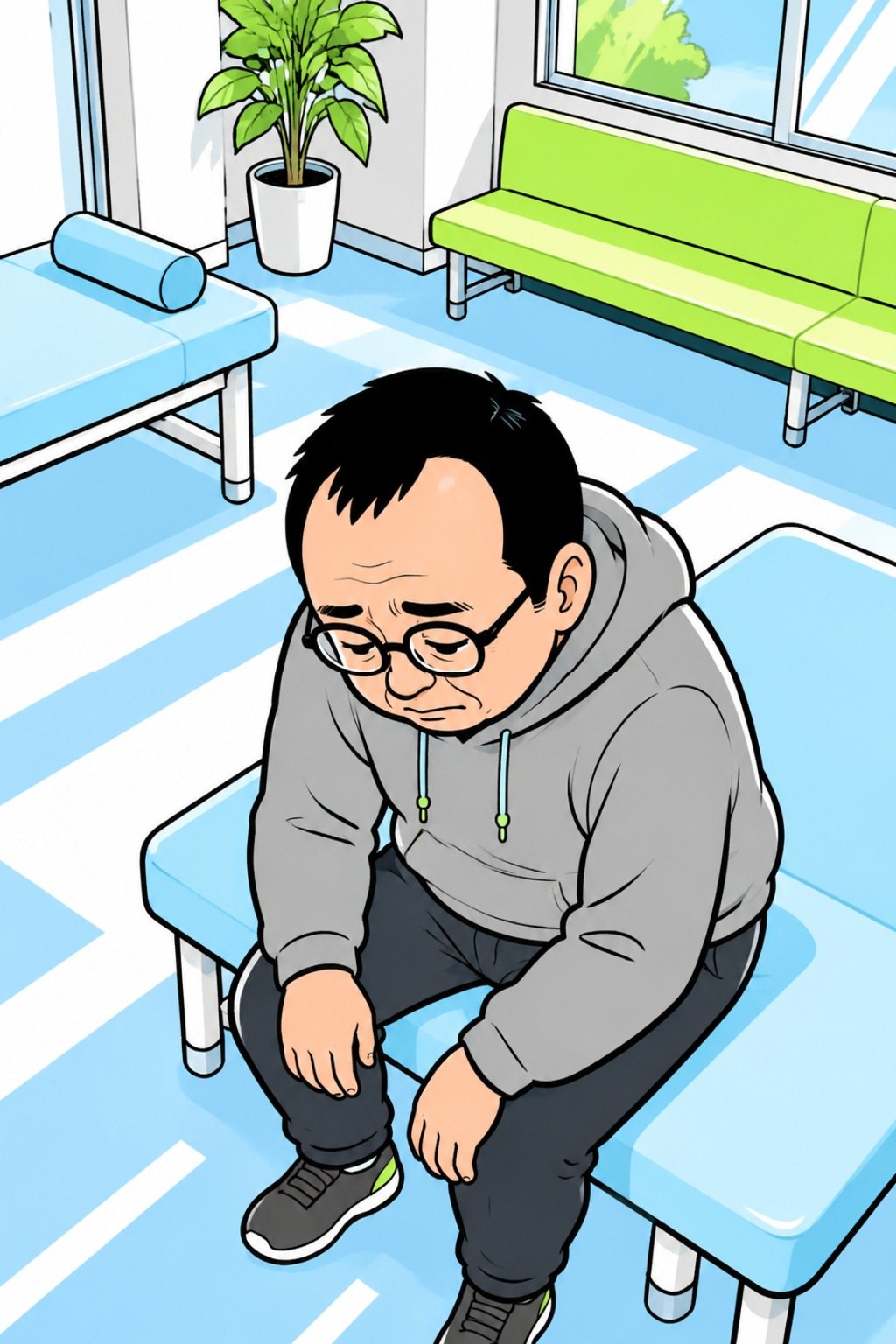 少し上から宍戸。施術の台に腰かけ、肩を落としてうつむく。