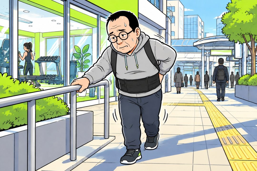 朝の駅前の歩道。腰に黒いベルトを巻き、リュックを背負った中年の男性が、手すりにつかまりながら、すり足でゆっくり歩く。左のガラス張りのジムの中で、ポニーテールの女性が器具に向かっている。白い朝の光。
