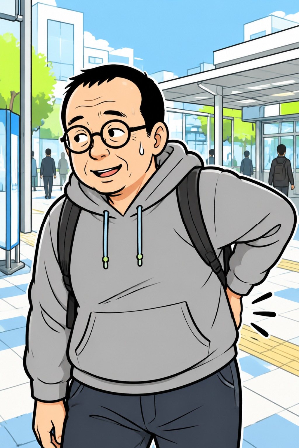 宍戸の胸から上。リュックを背負い、腰に手を当て、ばつが悪そうに笑う。