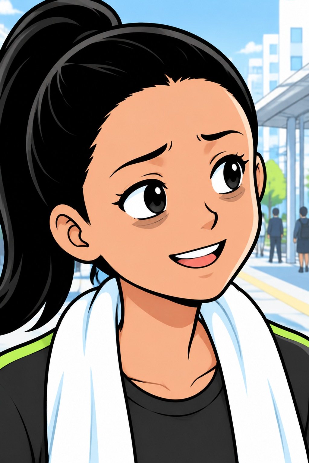 若い女性のトレーナーの顔の寄り。丸くしていた目が、ふっとやわらかくなる。口元が少し笑う。朝の光が横から当たる。