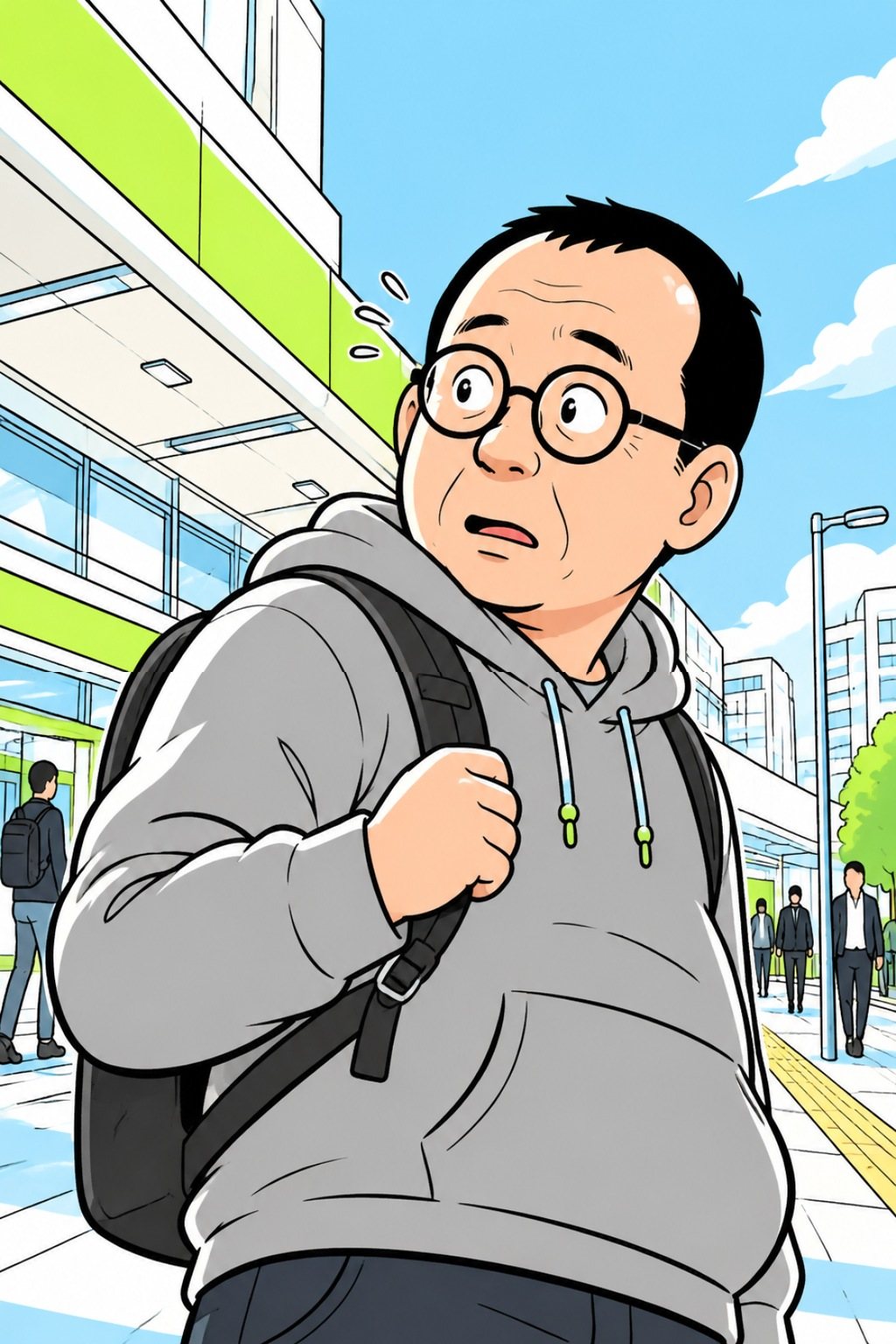 リュックを背負った宍戸を少し下から。歩道で振り向き、目を丸くする。朝の光。