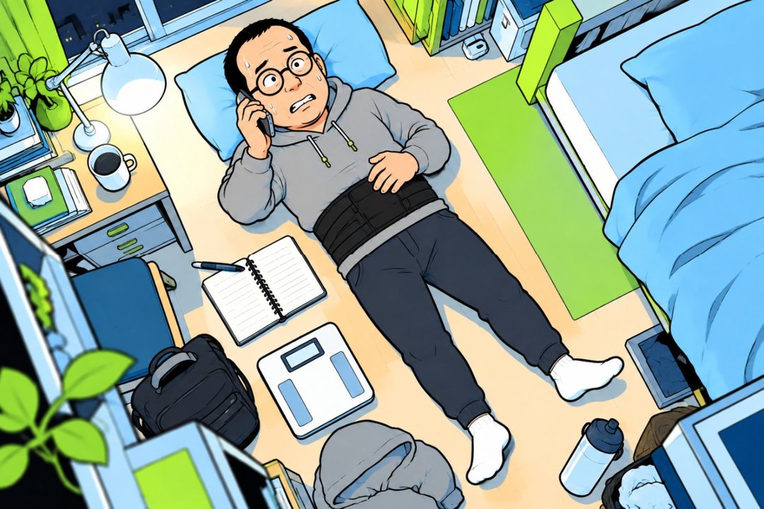 上から見た夜の自分の部屋。腰をかばって床にあおむけになり、スマートフォンを耳に当てる中年の男性。腰に黒いベルト。床に開いた手帳と体重計。スタンドの光。