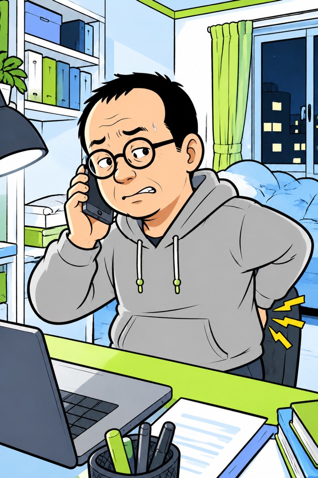 夜の部屋の机の前の宍戸の胸から上。スマホを耳に当て、痛む腰に手をやる。窓の外は夜の街。