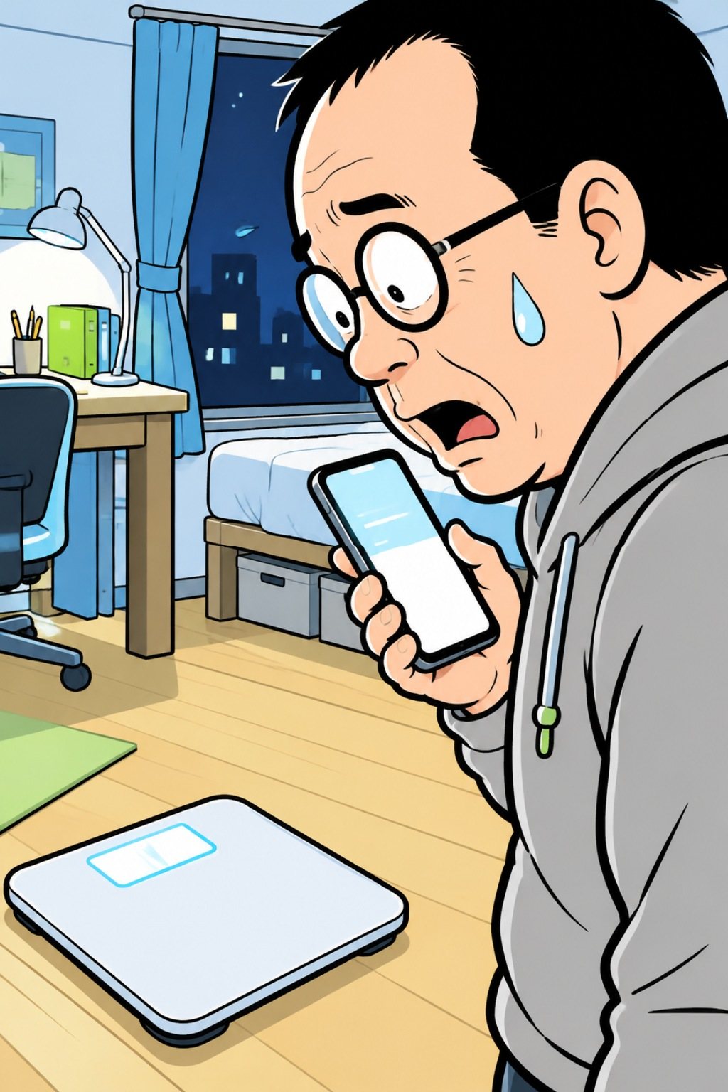 宍戸の横顔の寄り。スマホを手に、足元の体重計を見て口を開け、青ざめる。窓の外は夜。
