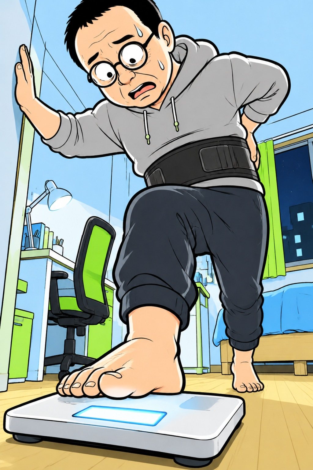 片手を壁につき、腰のベルトを押さえながら、はだしの片足を体重計にそっと乗せる中年の男性。体重計の画面は光るだけで字は無い。