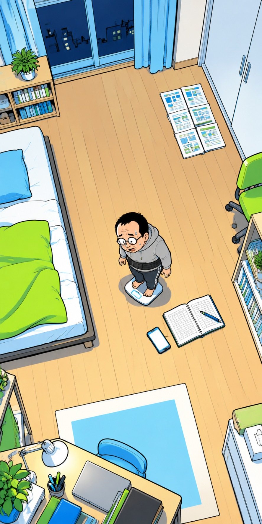 上から見た夜の部屋の引き。体重計の上に小さく立ったまま固まる中年の男性。床に開いた手帳の表と、放り出したスマートフォン。部屋の隅に、体験で持ち帰った紙が4枚重なっている。