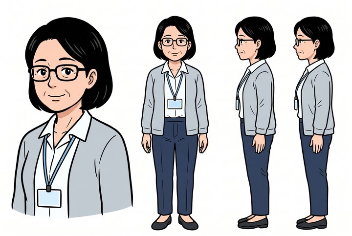 「体験レッスン、5つ目です」の八重樫 さちの設定画（全身と顔）