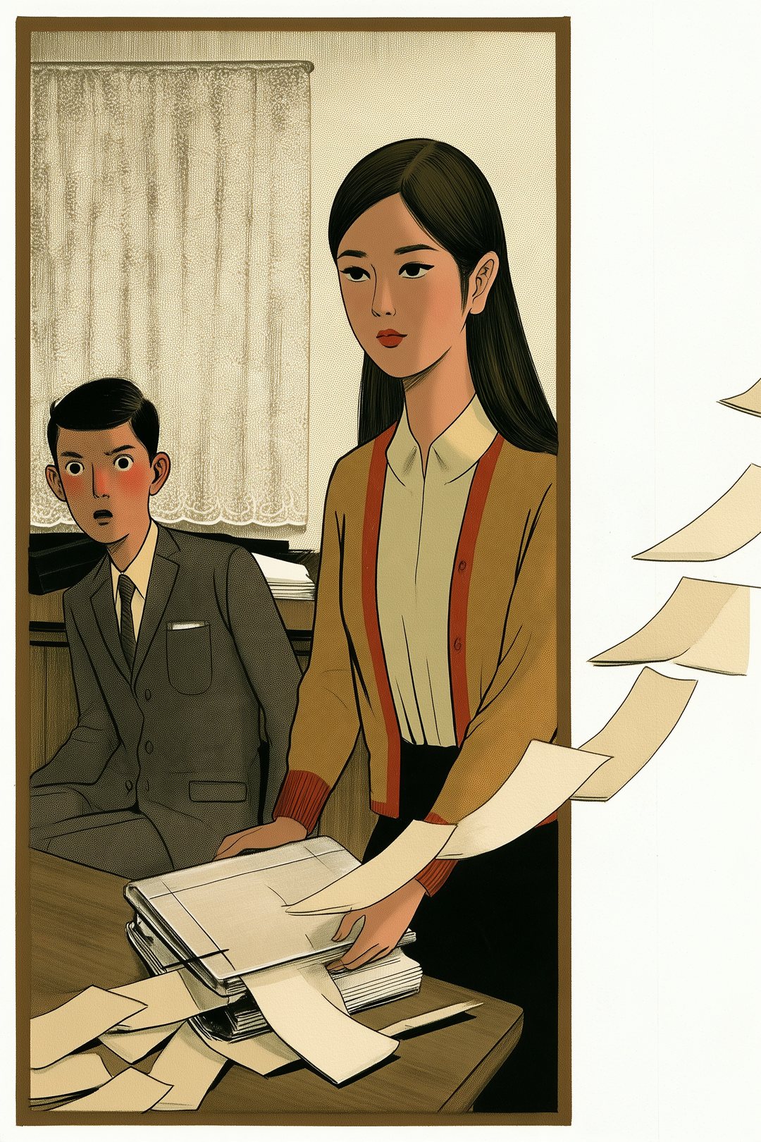 結婚相談所の面談の部屋。右で、きちんとした服の30代の女性が、喫茶店のレシートでふくらんだファイルを机にどさりと置く。レシートが机の上をすべって、絵の枠の右の線を越えて外へこぼれる。左で、座ったスーツの若い男性が目を丸くする。