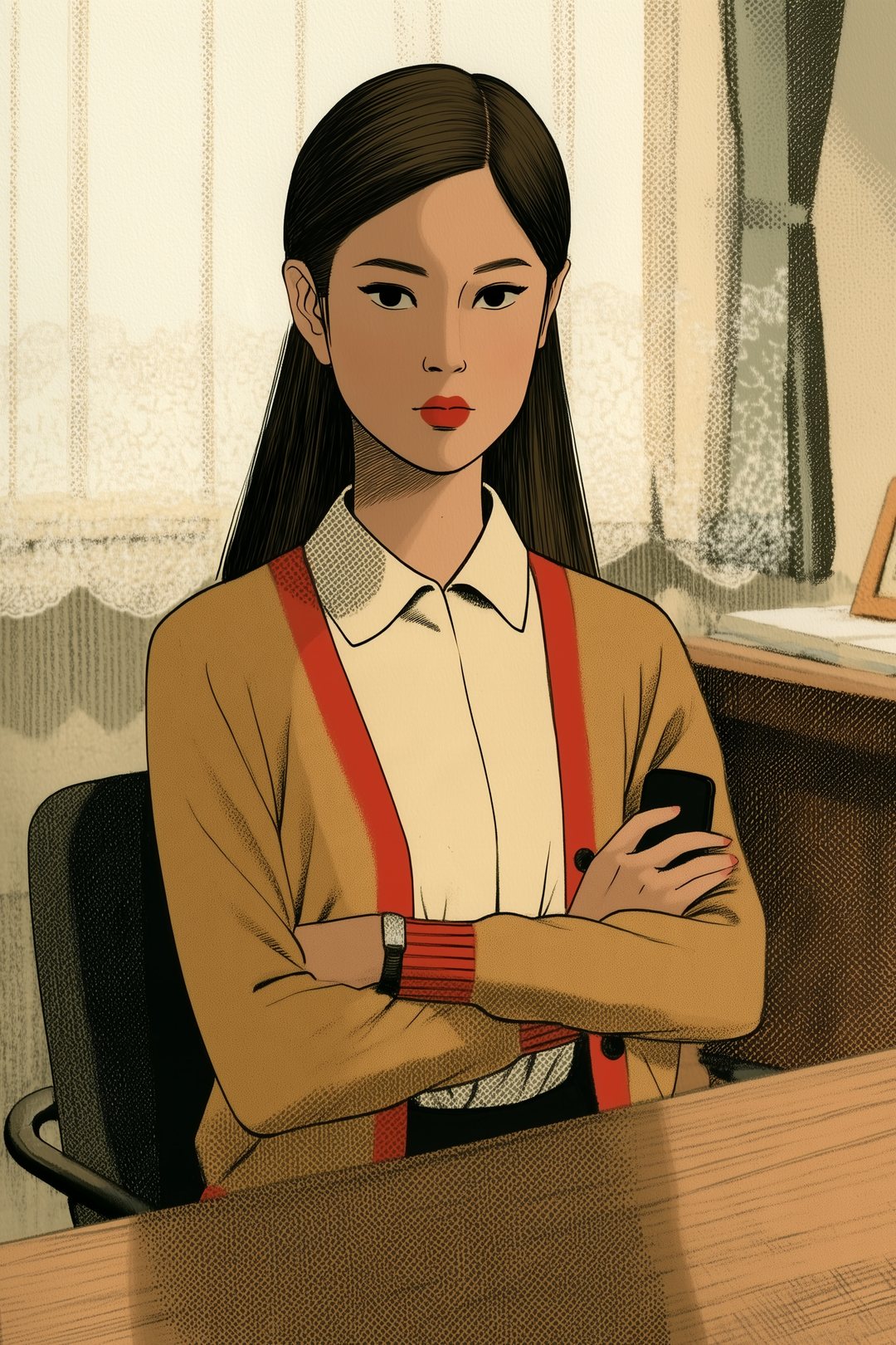 腕を組み、落ち着いた顔でこちらを見る30代の女性の会員。手にスマホ。