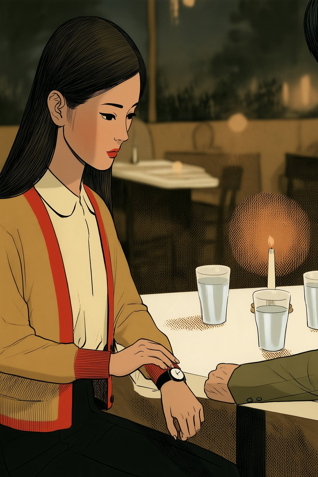 夜のレストランの思い出の場面。左で女性の会員が、向かいの顔の見えない男性の話を聞きながら、テーブルの下で腕時計を見ている。グラスの水は減っていない。