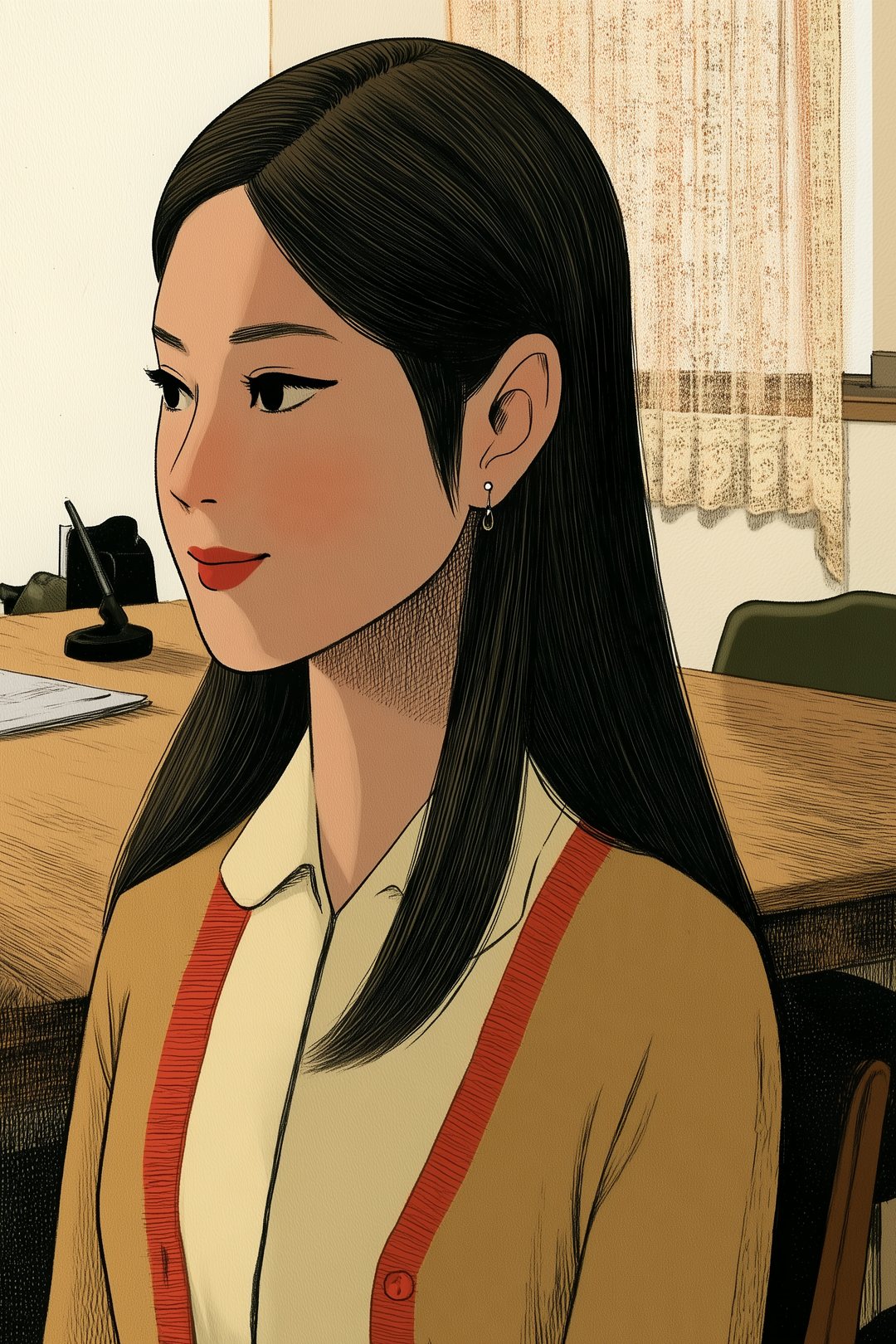 女性の会員の寄り。横を向き、口の端だけ少しゆるめる。