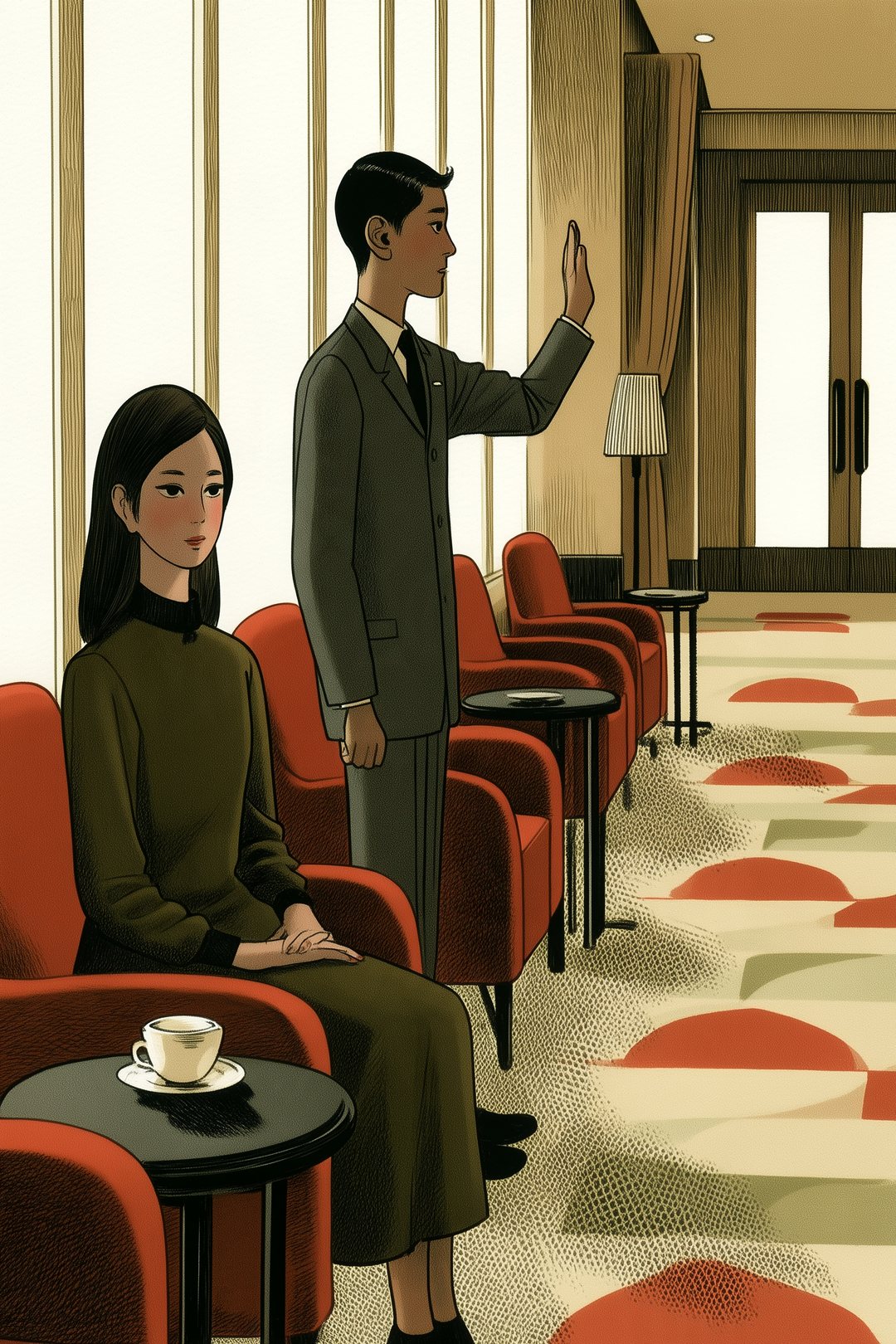 明るいホテルのラウンジの窓際の席。紅茶のカップの前で、よそ行きのワンピースの女性が背すじを伸ばして座る。横に立つ若い男性の仲人が、入口の方へ手を上げる。