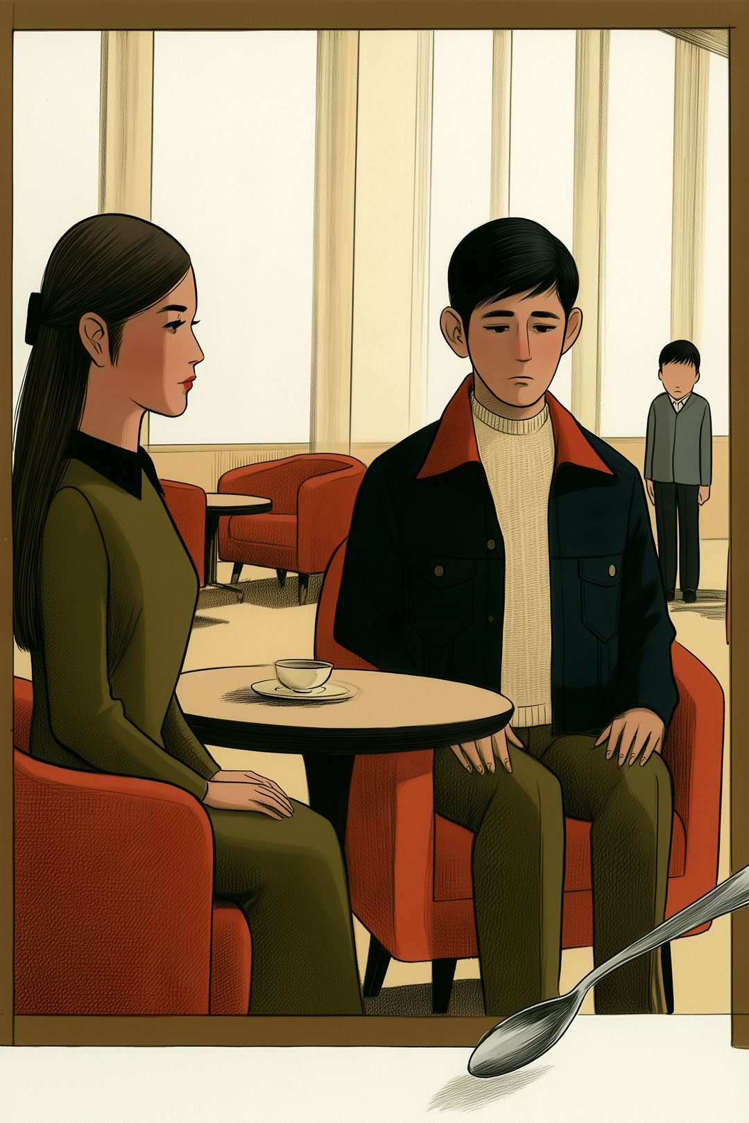 ラウンジの窓際の丸いテーブルに座ったまま、固まる女性と男性。テーブルから紅茶のスプーンが落ち、絵の枠の下の線を越えて手前へ落ちる。奥で、若い男性の仲人が立ったまま、2人の席を見ている。