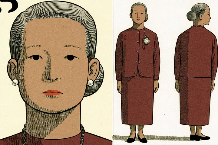 「お見合いは、1時間です」の鶴見 千代子の設定画（全身と顔）