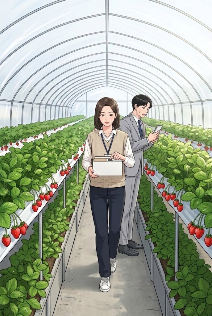晴れた昼の、白いビニールのいちごのハウスの中。緑の葉と赤い実の列の間で、若い女性が小さな白い箱の機械を両手に持っている。右の後ろで、灰色のスーツの若い男性が、スマホを見て顔色を変えている。