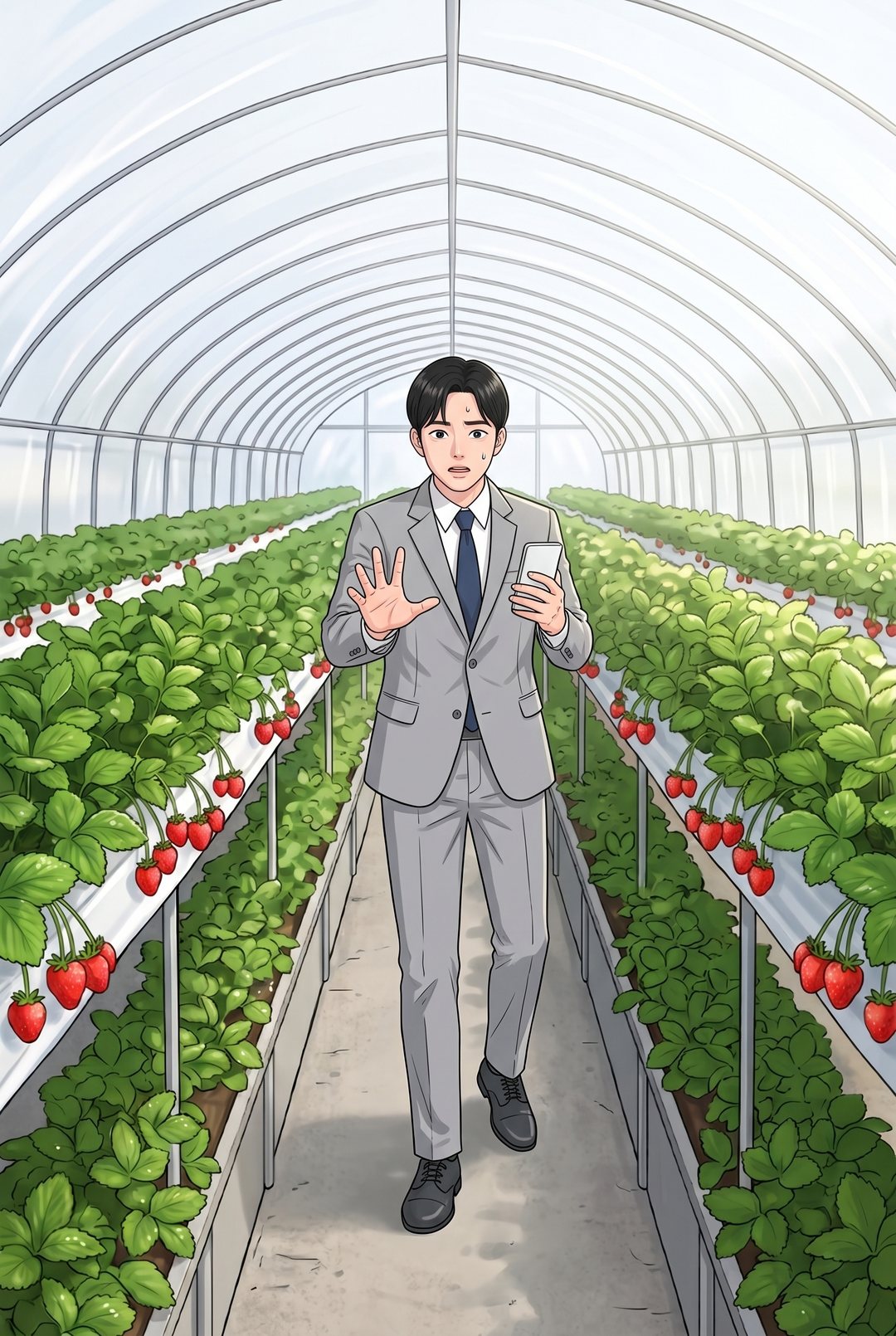 いちごのハウスの通路。スマホを握った若い男性が、片手を前に出して止めようとしている。額に汗。