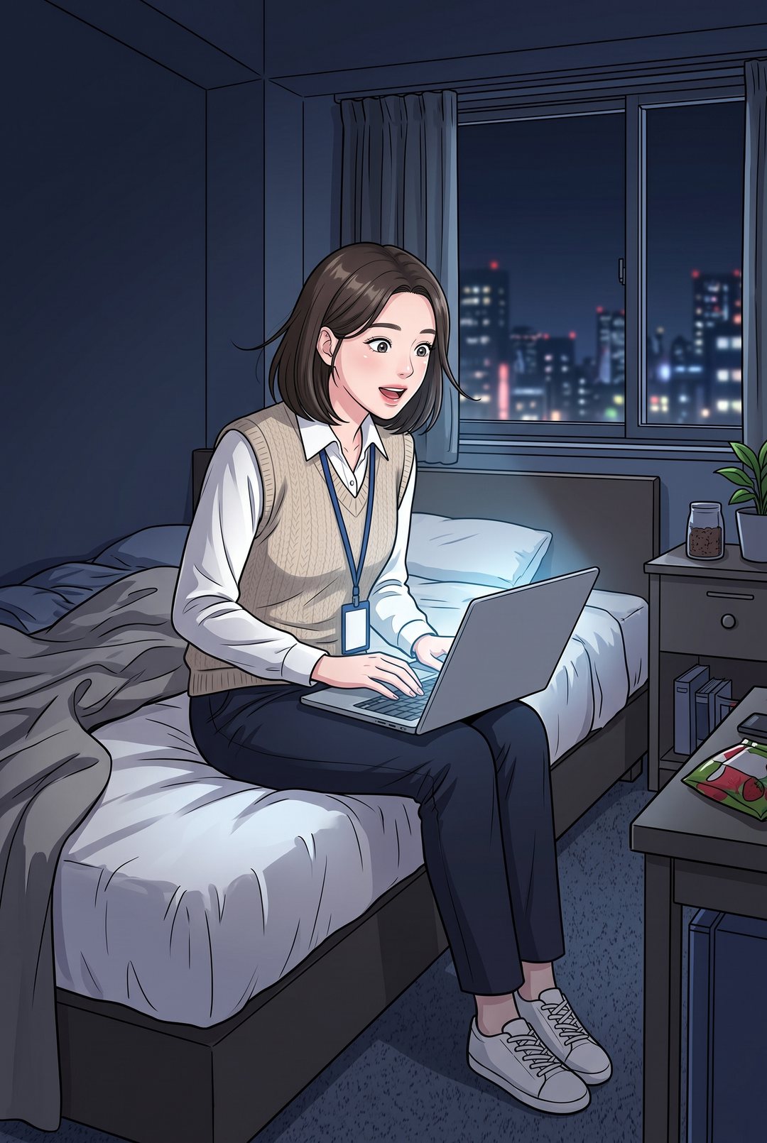 夜の狭いビジネスホテルの部屋。ベッドの端に座った若い女性が、膝の上のノート PC の画面の光に照らされ、目を見開いて身を乗り出す。