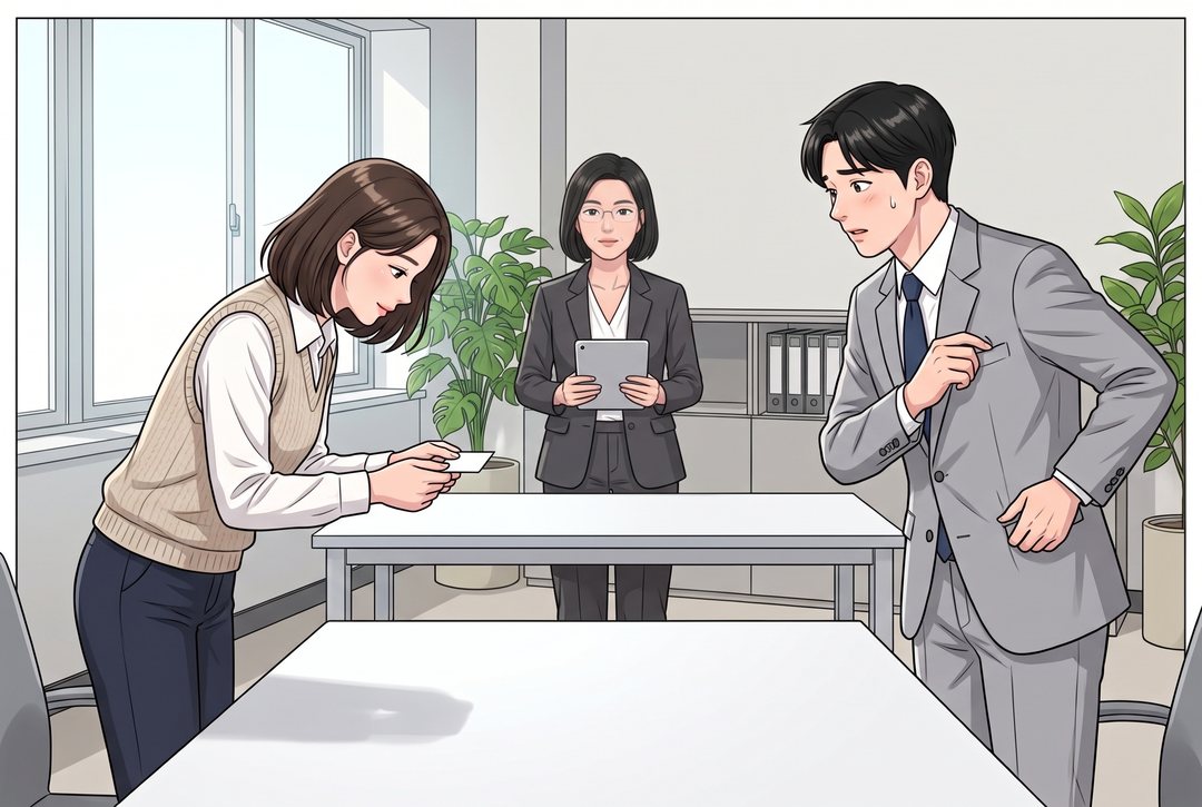 明るい会議室。左で、若い女性が名刺を両手で持ち、深くお辞儀をしている。右で、若い男性が片手を上着の胸のポケットに入れて名刺を探し、汗をかいている。真ん中の奥に、タブレットを持った40代の女性が、表情を変えずに立っている。