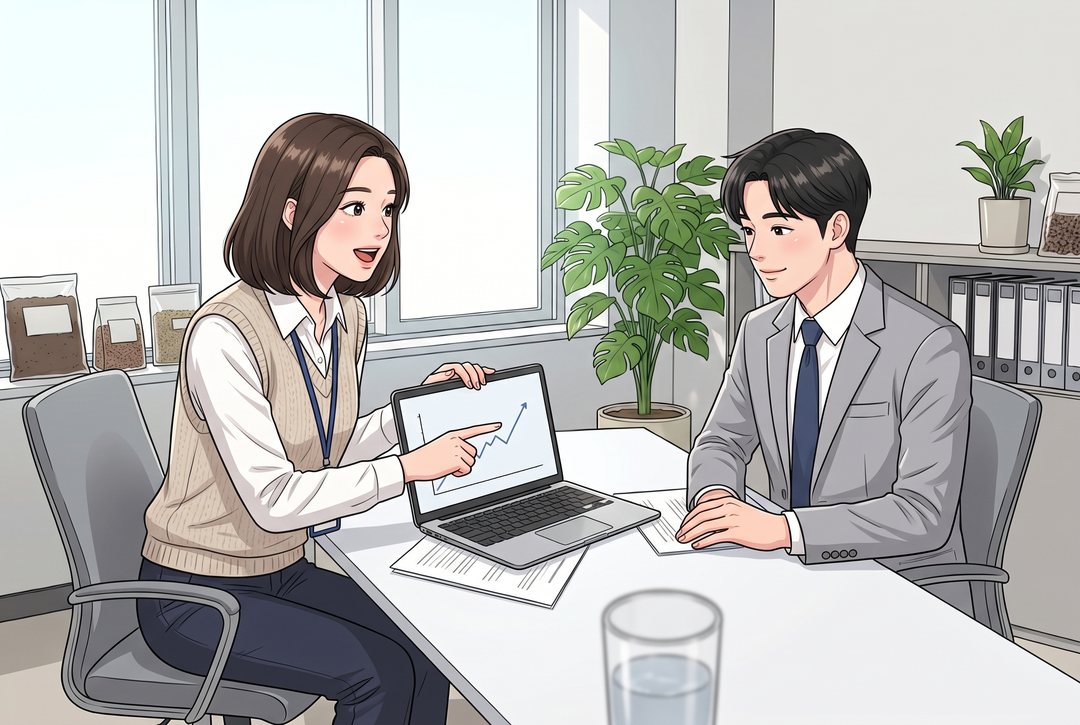 会議室の机。左で若い女性がノート PC の画面を相手に向け、線のグラフを指さして熱心に話す。右で若い男性が、何度も小さくうなずいている。
