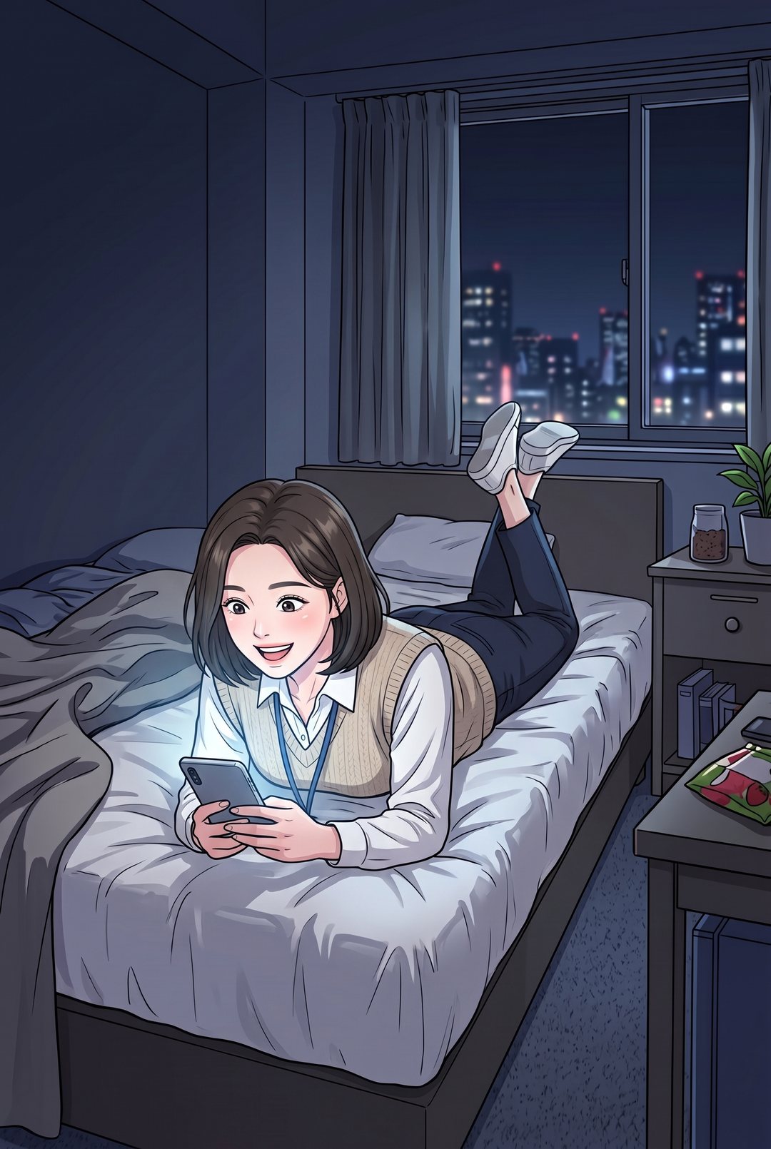 夜のビジネスホテルのベッドの上。うつぶせの若い女性が、両足をばたつかせながら、満面の笑みでスマホに文字を打っている。