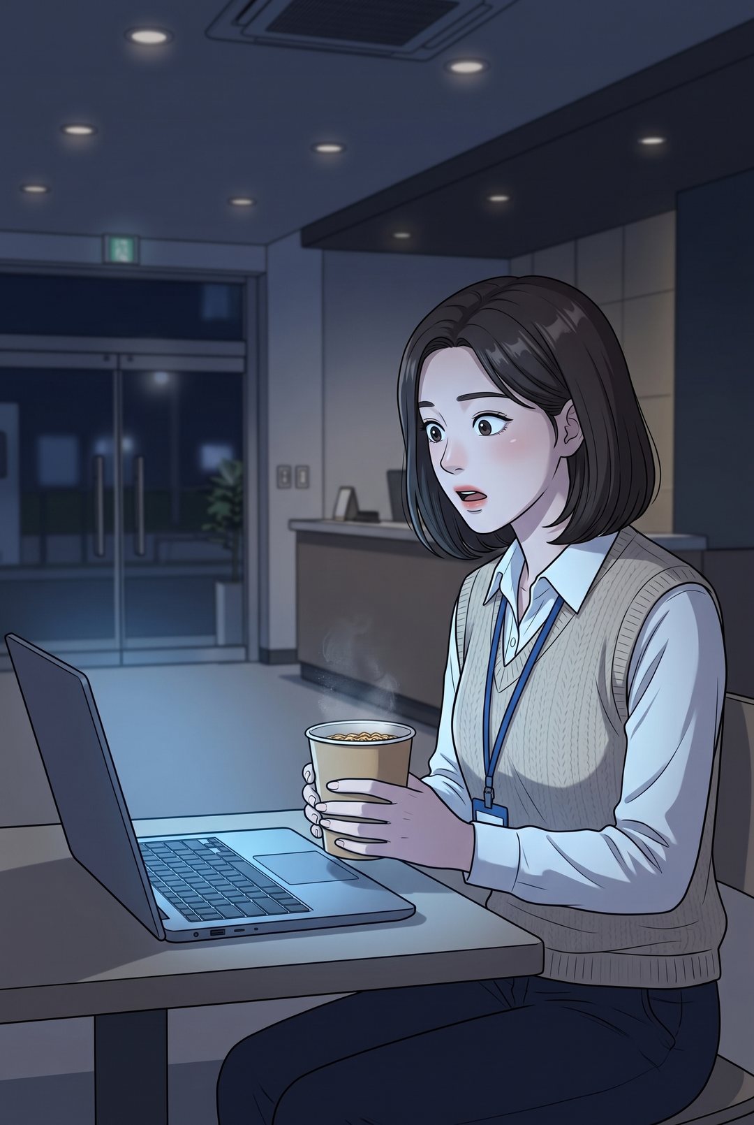 ビジネスホテルの小さなロビー。ノート PC の前で、湯気の立つカップを両手で持ったまま、画面を見つめて固まる若い女性。